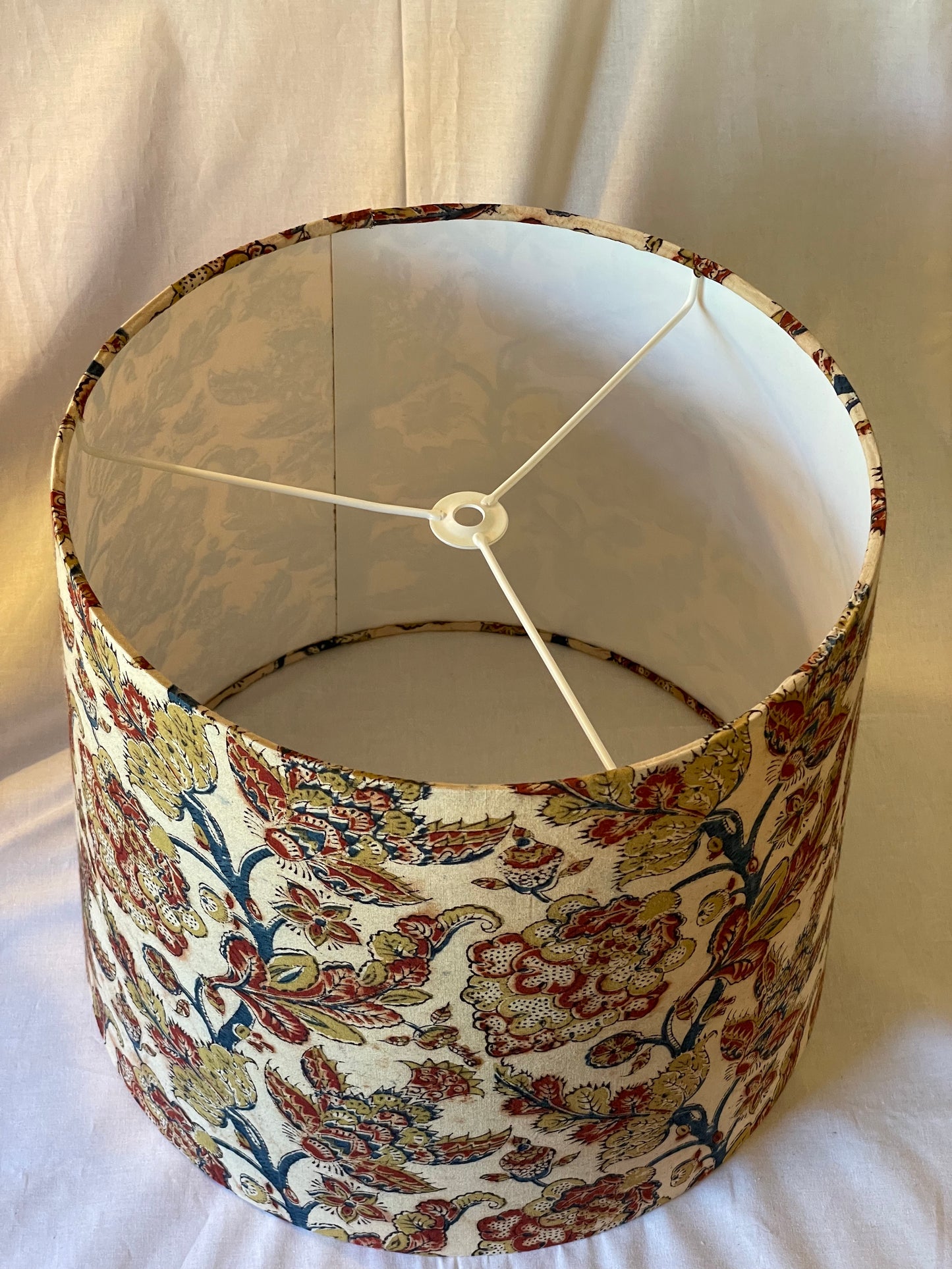 Large Empire Shade. 11.75 x 13.75 x 11.75. Parchment, Maroon, Ochre, and Navy Kalamkari Block Print.