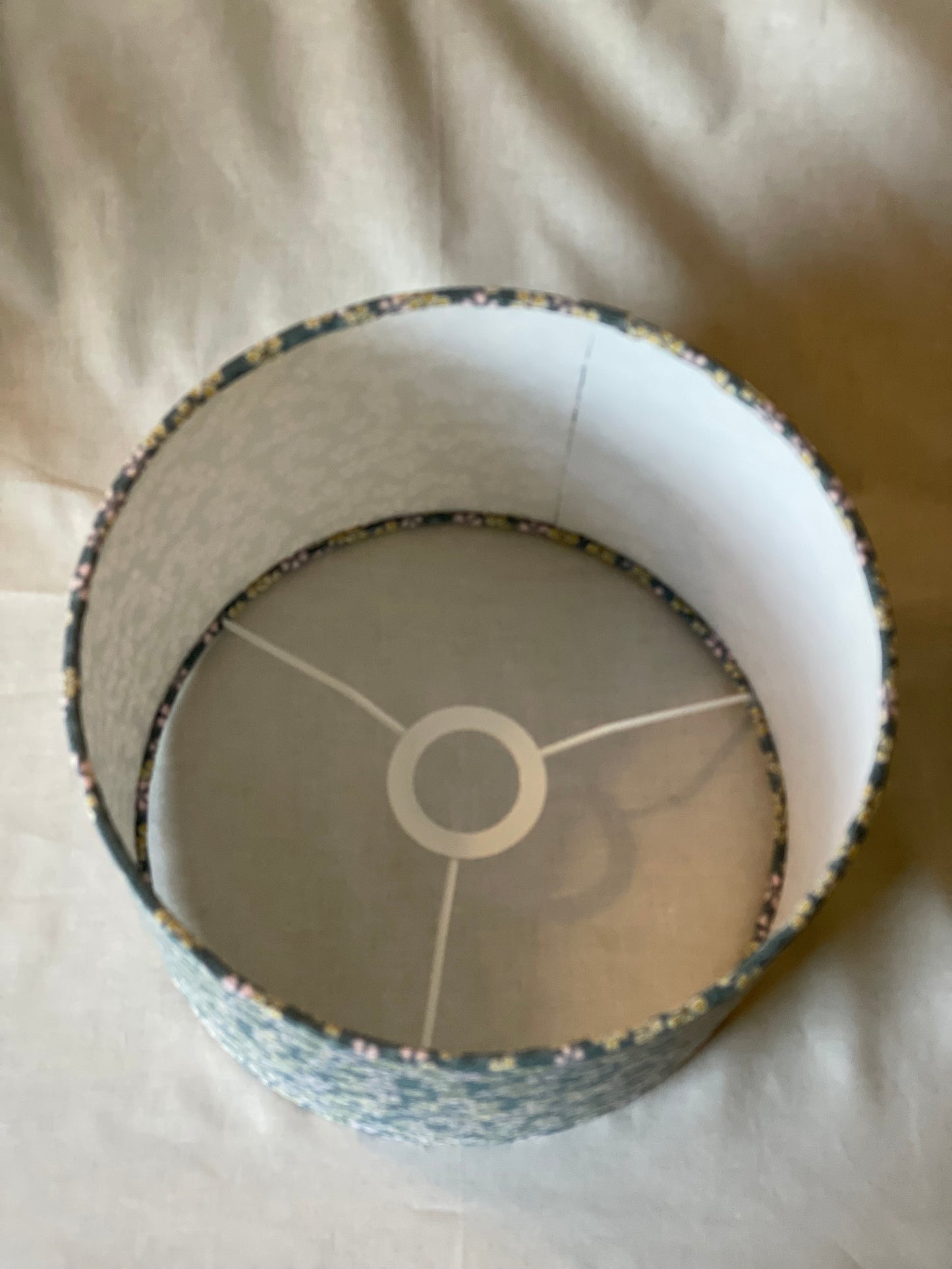 10 inch Drum Lampshade. Japanese Cherry Blossom Motif, Light Teal, Gold, and Pale Pink.