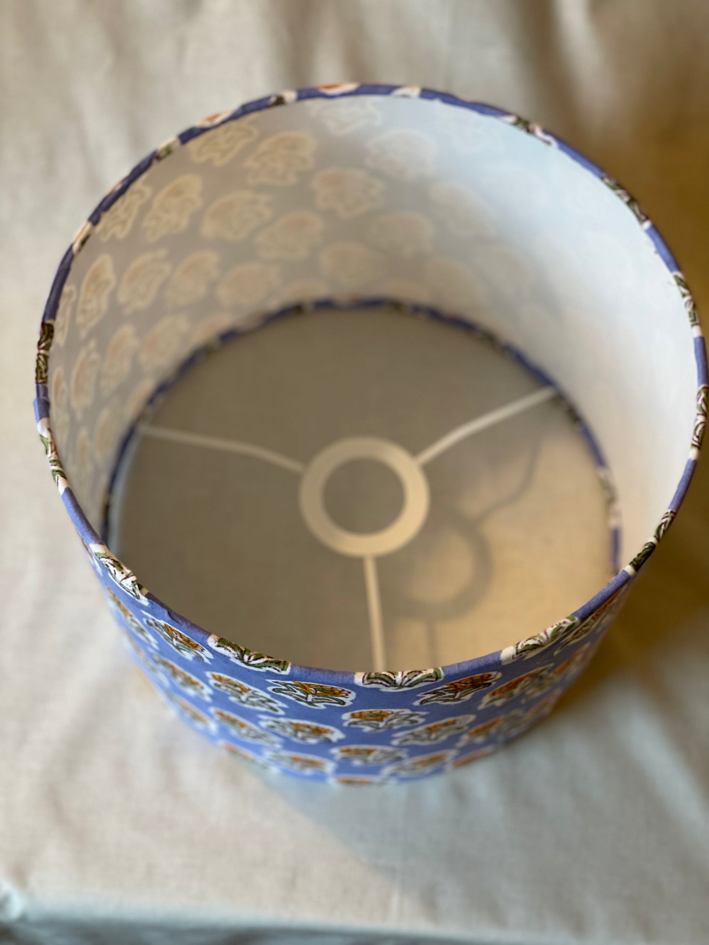 10 inch Drum Lampshade. Indian Block Print- Blue with Yellow Floral Motif.