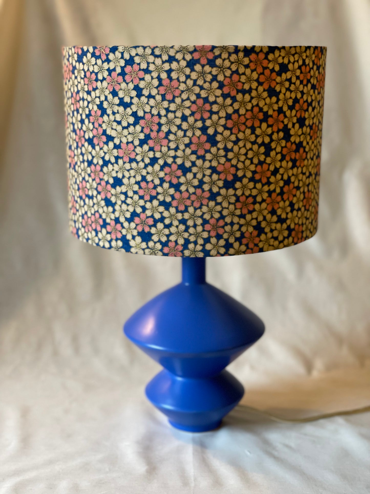 10 inch Drum Lampshade. Japanese Cherry Blossom Motif, Blue, Pale Peach and Pale Pink.