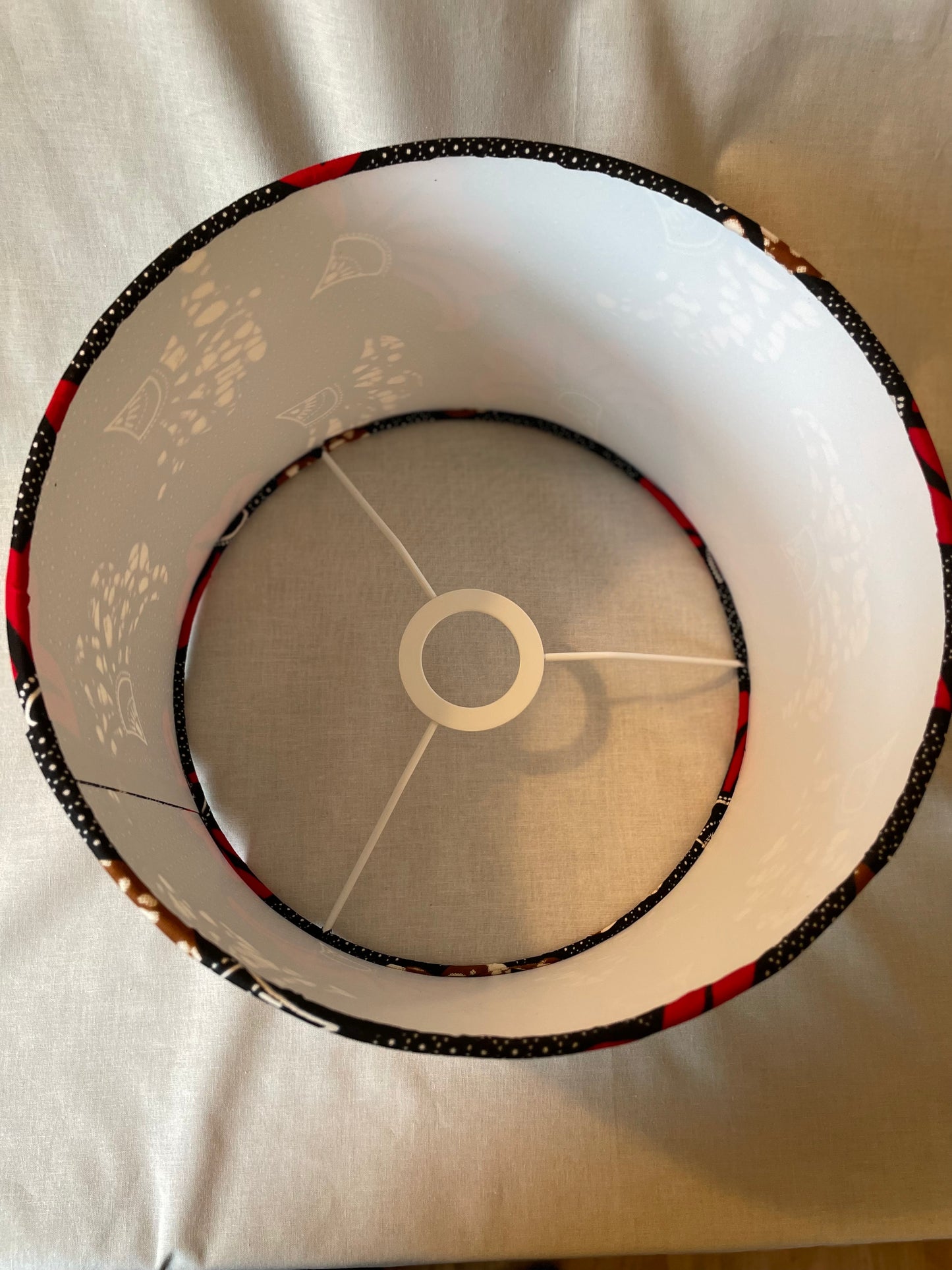 10 inch Drum Lampshade. Vibrant Black, Red and Brown Ankara "Fleur de Mariage" Print from West Africa.