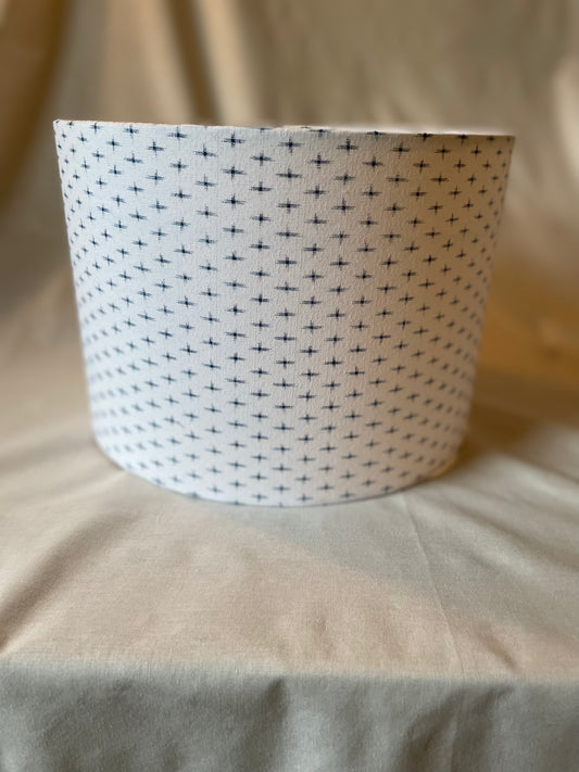 10 inch Drum Lampshade. Vintage Japanese Summer Kimono Fabric. Slightly textured crisp white fabric with dark teal crosses.