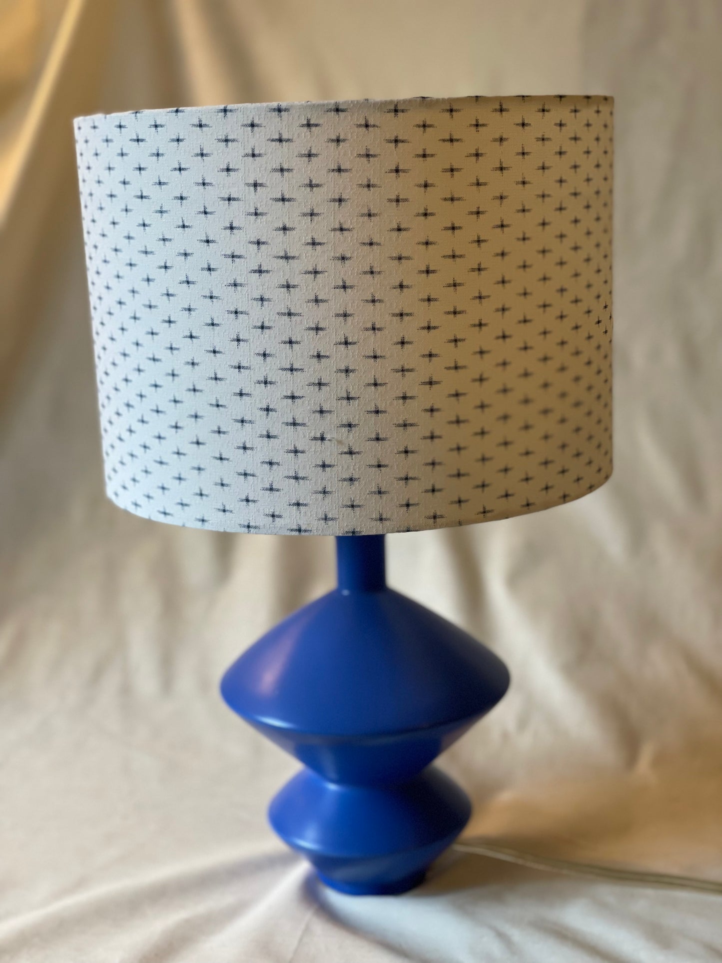 10 inch Drum Lampshade. Vintage Japanese Summer Kimono Fabric. Slightly textured crisp white fabric with dark teal crosses.