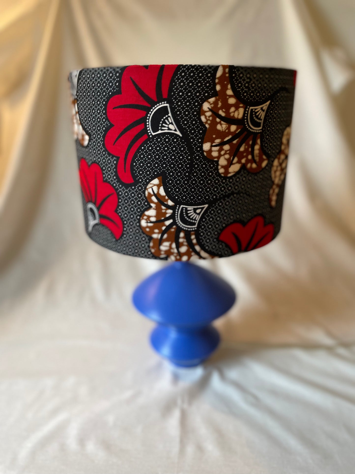 10 inch Drum Lampshade. Vibrant Black, Red and Brown Ankara "Fleur de Mariage" Print from West Africa.