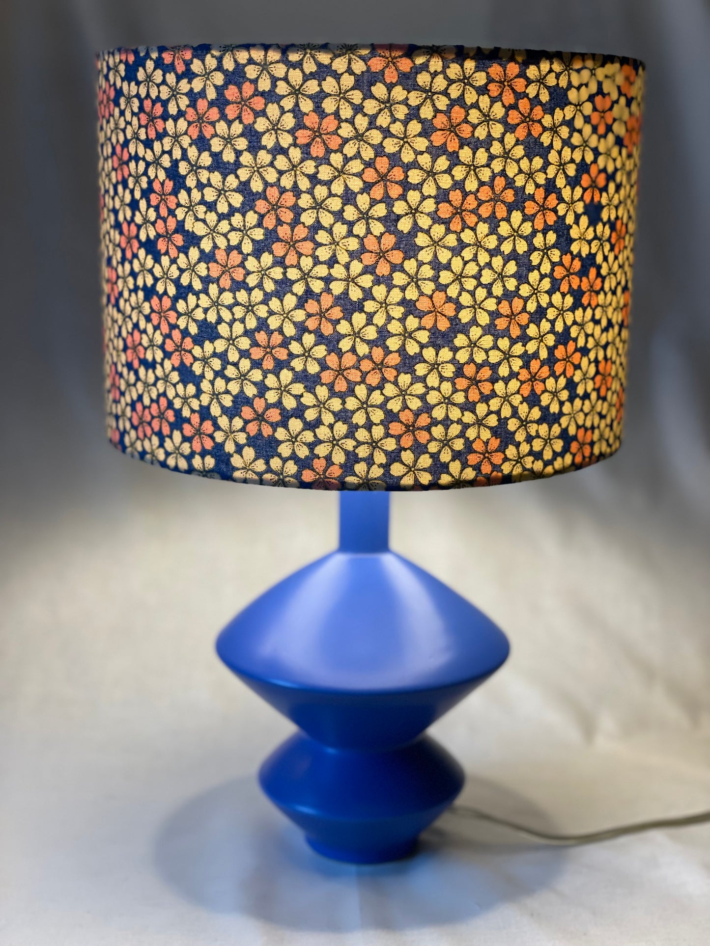 10 inch Drum Lampshade. Japanese Cherry Blossom Motif, Blue, Pale Peach and Pale Pink.