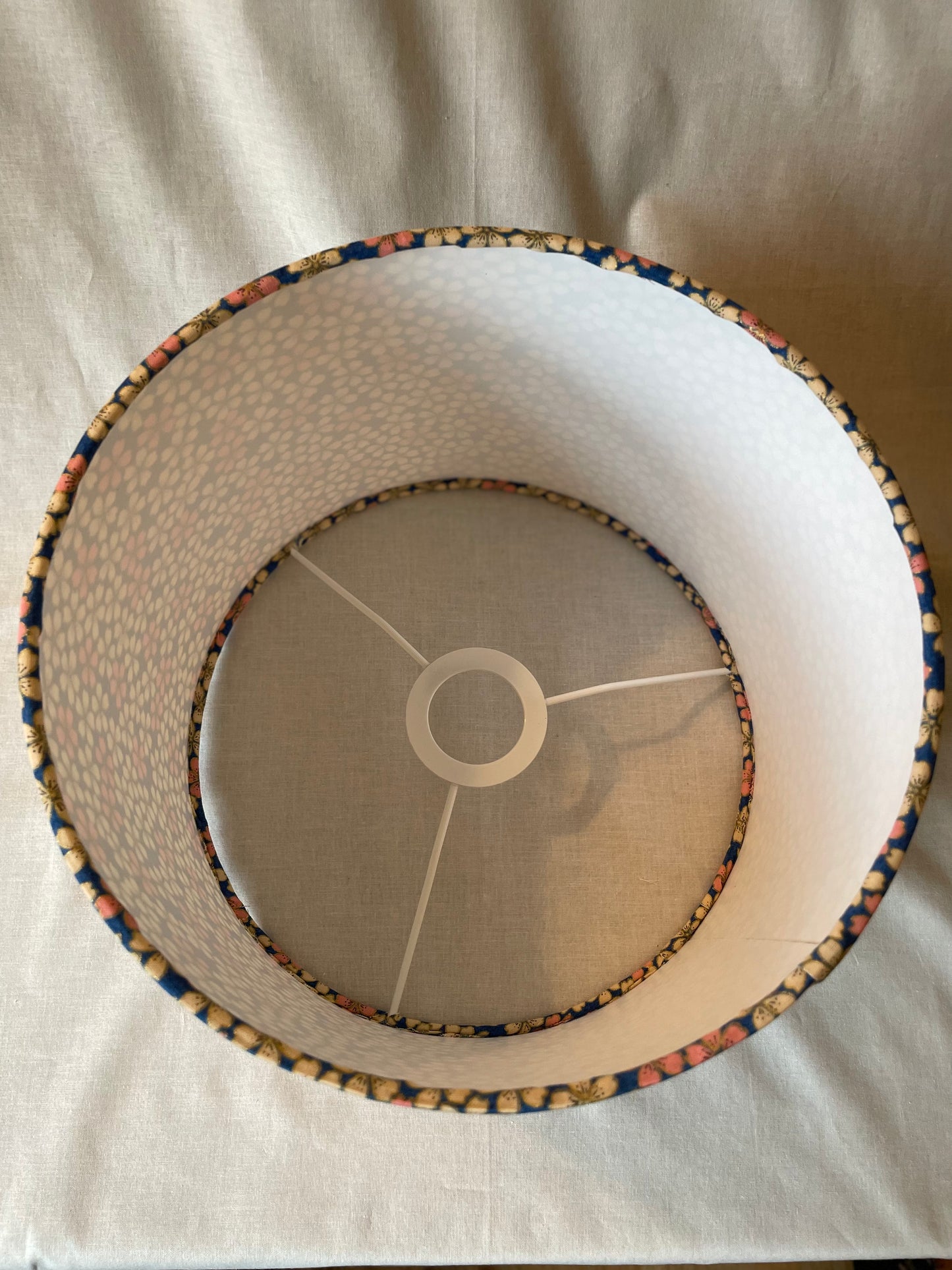 10 inch Drum Lampshade. Japanese Cherry Blossom Motif, Blue, Pale Peach and Pale Pink.