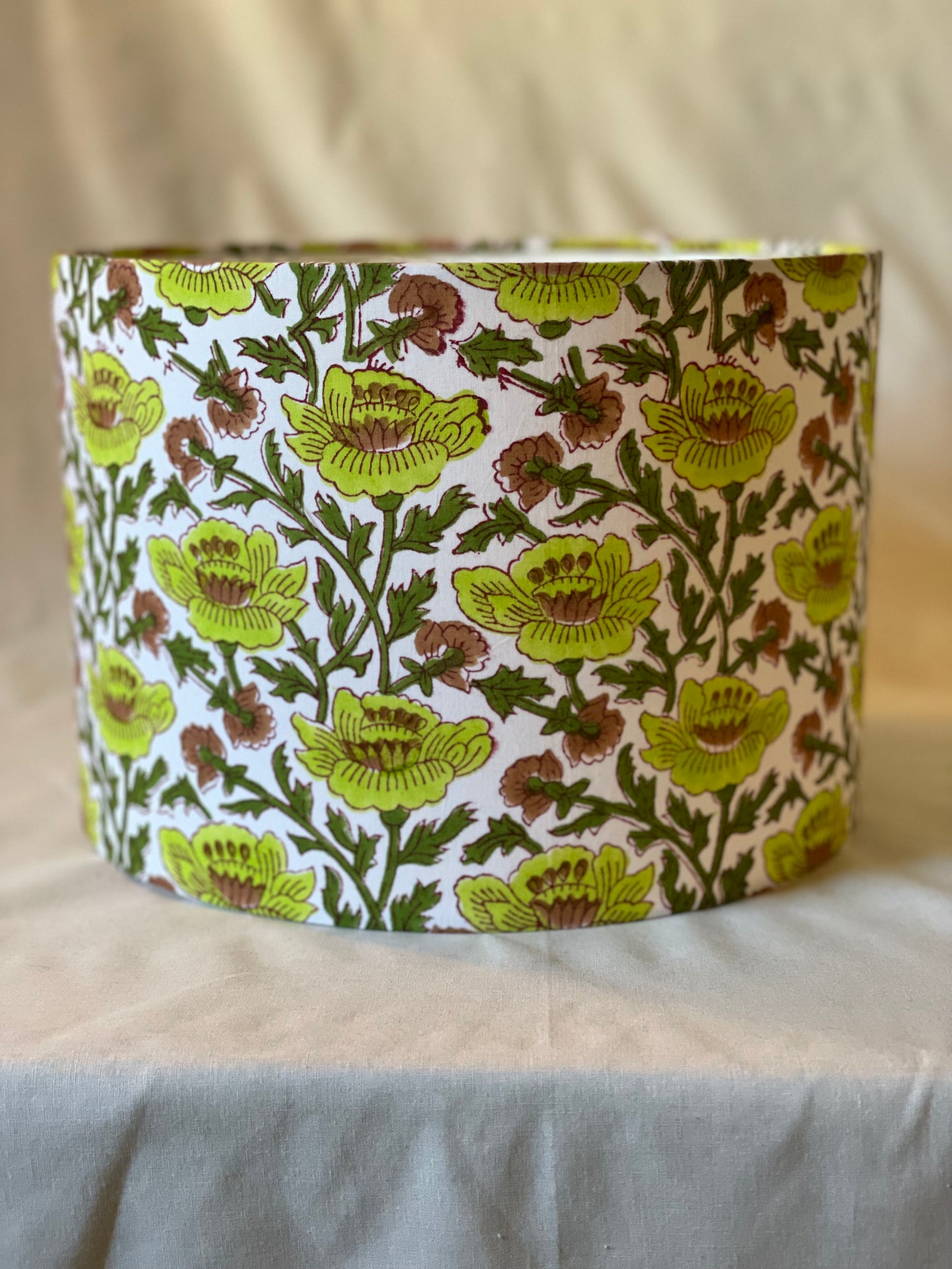 10 inch Drum Lampshade. Indian Block print from Jaipur. Apple Green, Dark Olive, and Coffee Brown Floral Motif on White.
