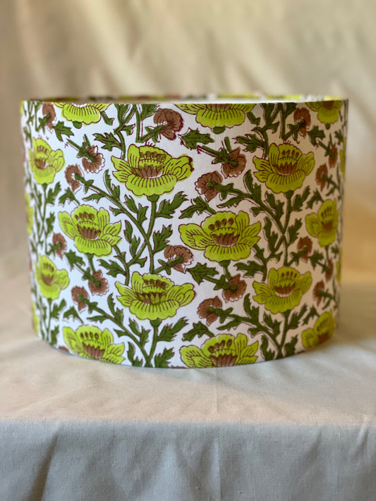 10 inch Drum Lampshade. Indian Block print from Jaipur. Apple Green, Dark Olive, and Coffee Brown Floral Motif on White.