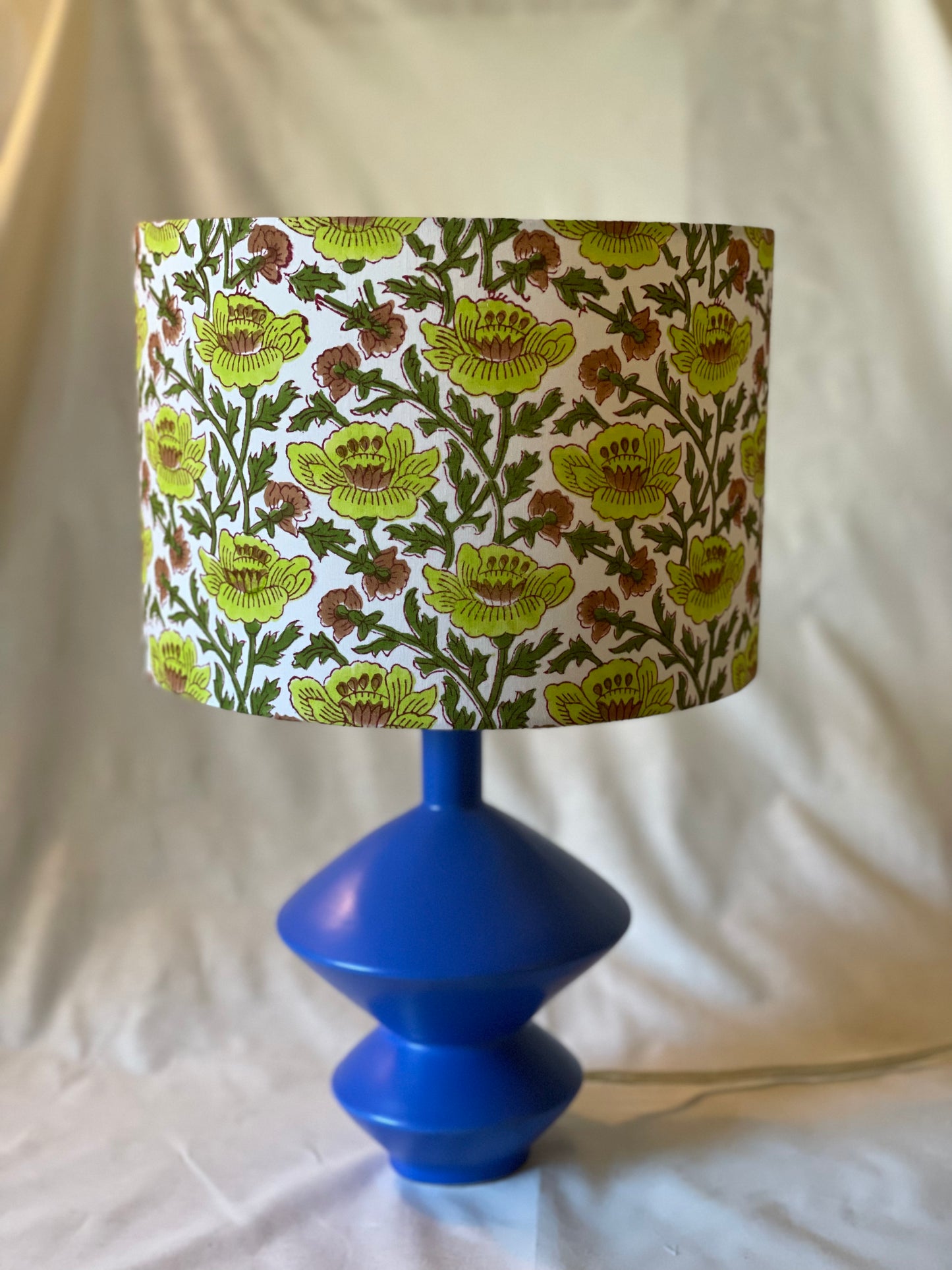 10 inch Drum Lampshade. Indian Block print from Jaipur. Apple Green, Dark Olive, and Coffee Brown Floral Motif on White.