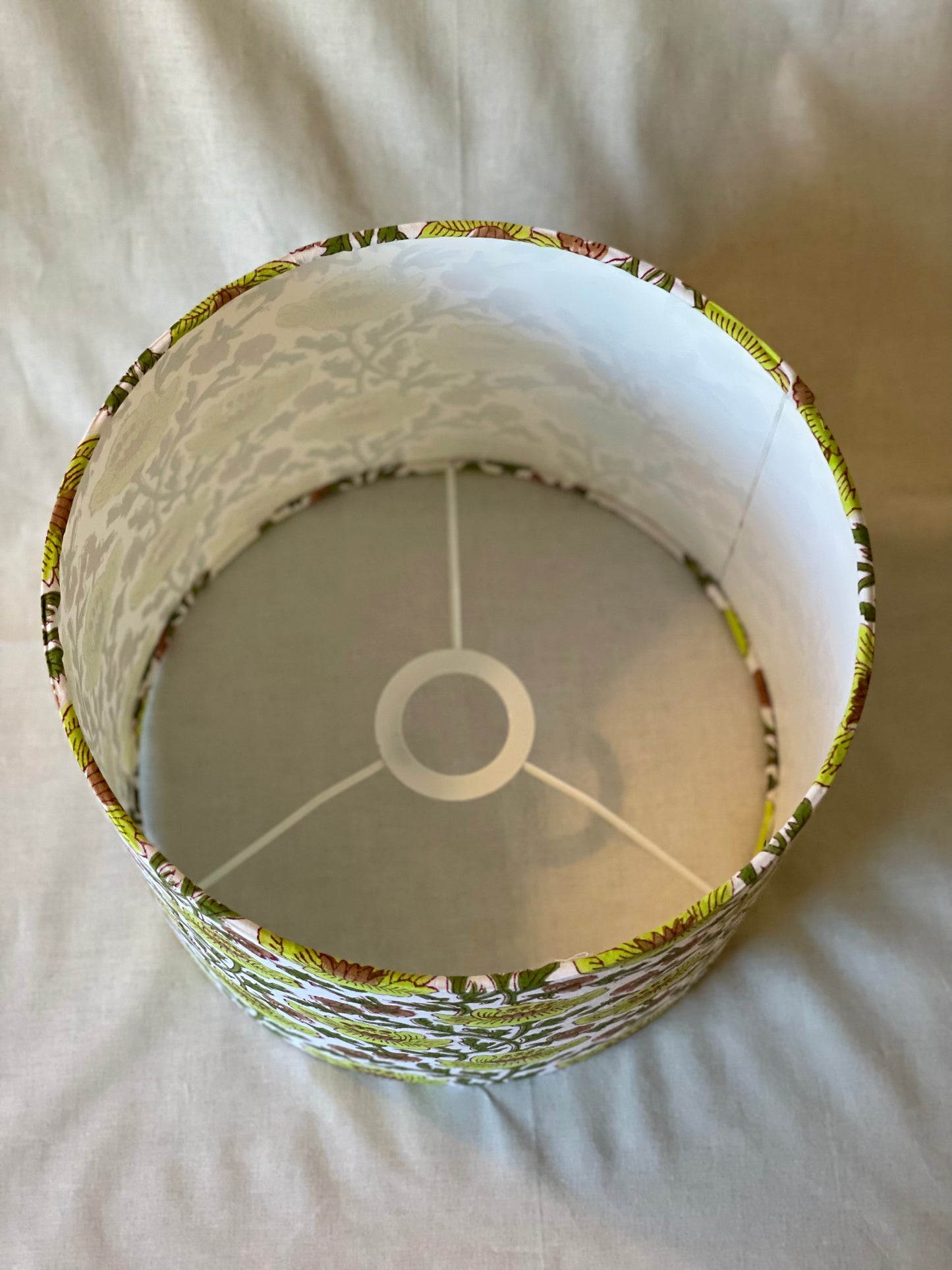 10 inch Drum Lampshade. Indian Block print from Jaipur. Apple Green, Dark Olive, and Coffee Brown Floral Motif on White.