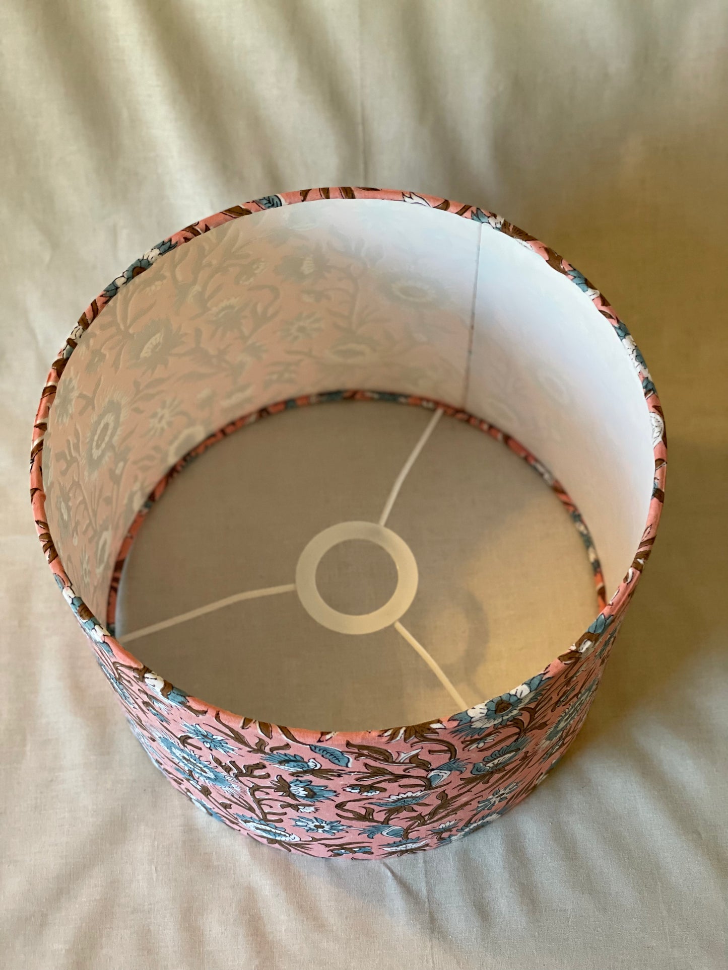 10 inch Drum Lampshade. Indian Block print from Jaipur. Rosy Pink with Brown and Cadet Blue Floral Motif.