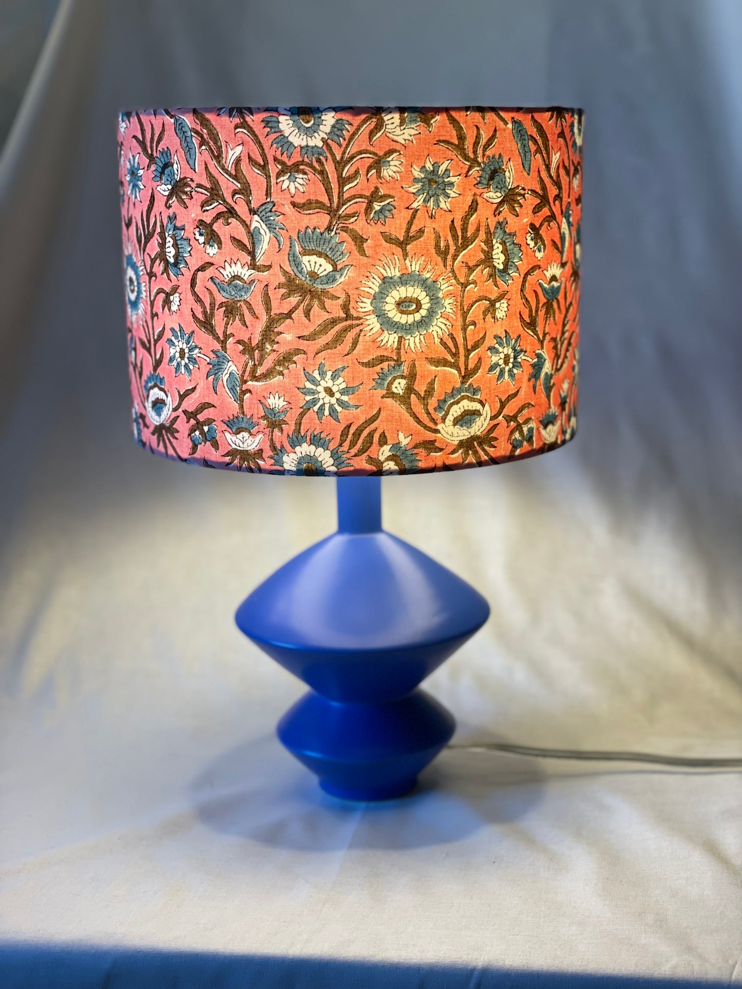 10 inch Drum Lampshade. Indian Block print from Jaipur. Rosy Pink with Brown and Cadet Blue Floral Motif.