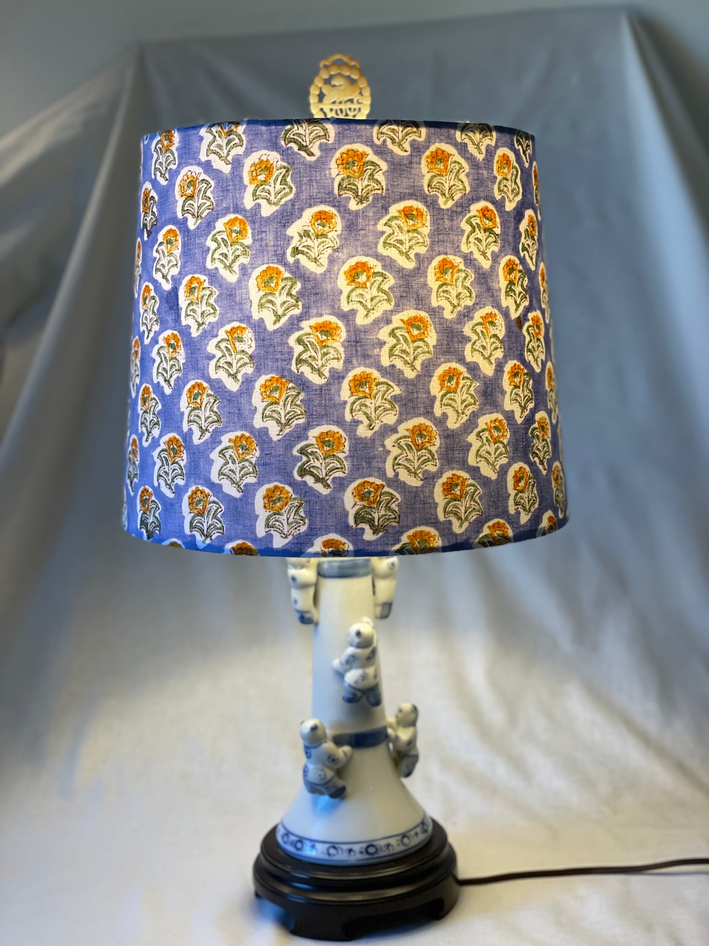 Medium Empire Shade. Indian Block Print- Blue with Yellow Floral Motif.