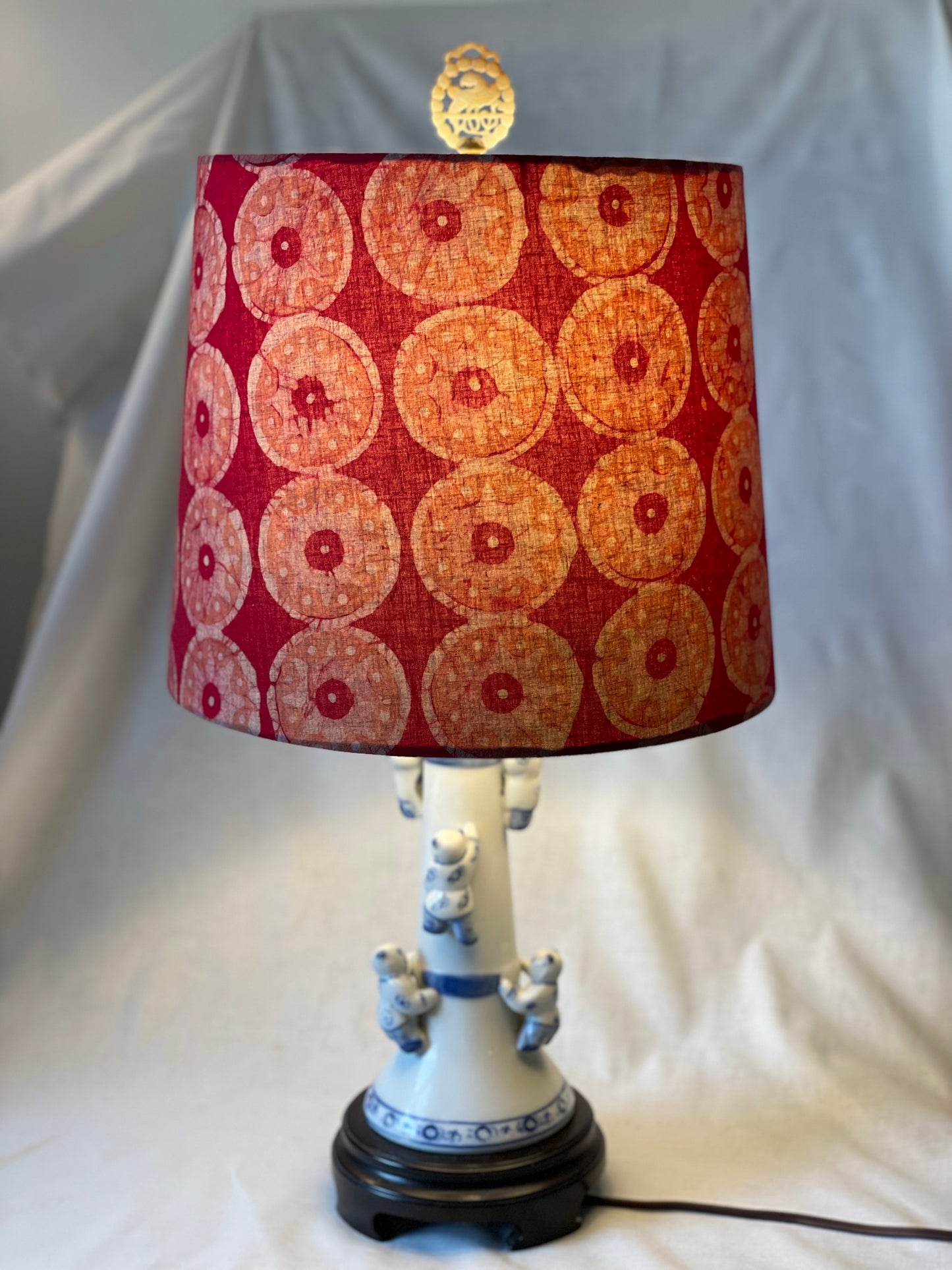 Medium Empire Shade. Kutchi Hand Batik from India. Ruby Red with Brownish-Rose and Pale Ochre.