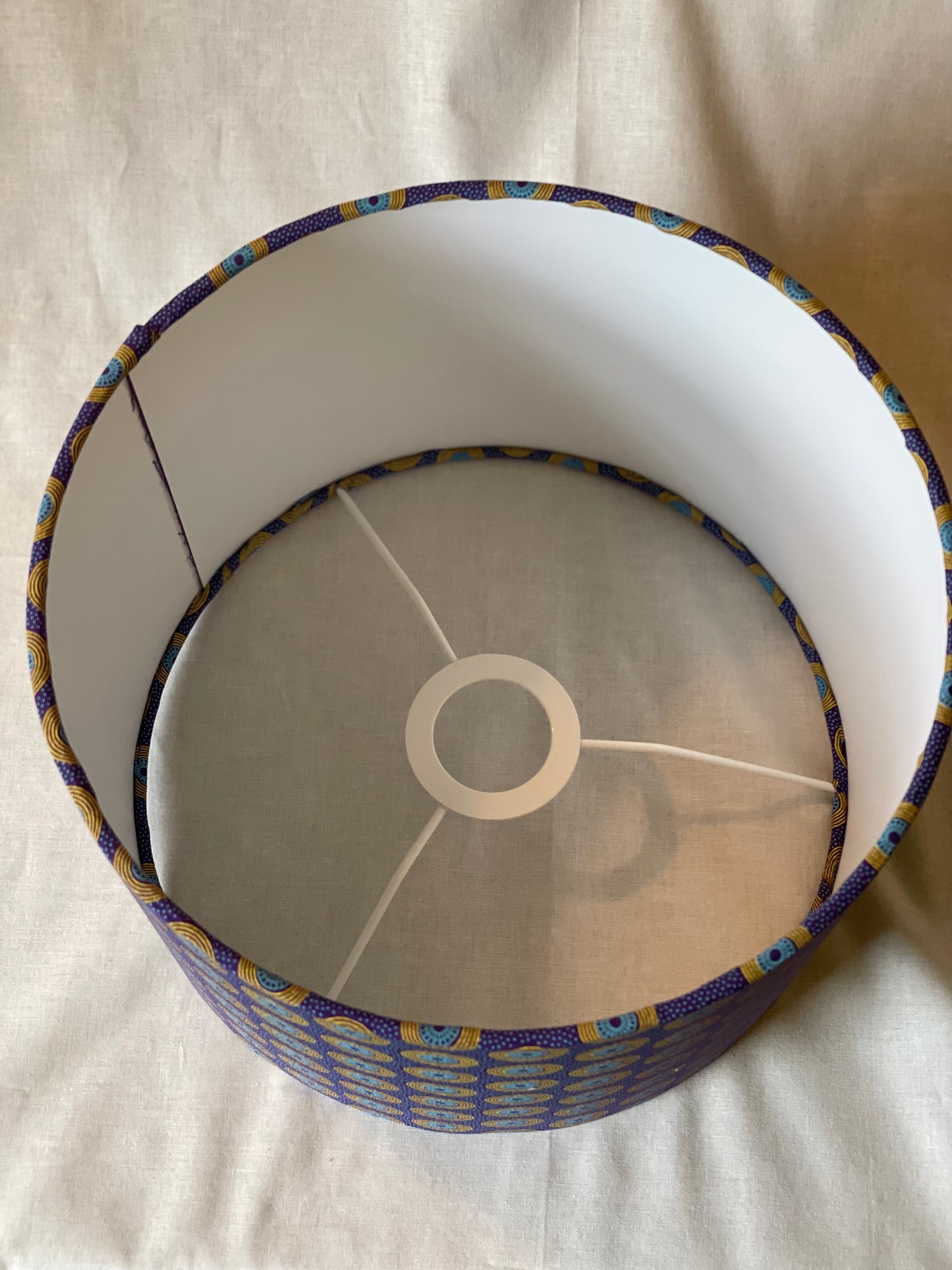 10 inch Drum Lampshade. Dynamic South African Shwe Shwe Print- Purple with Teal and Yellow "LP" Motif