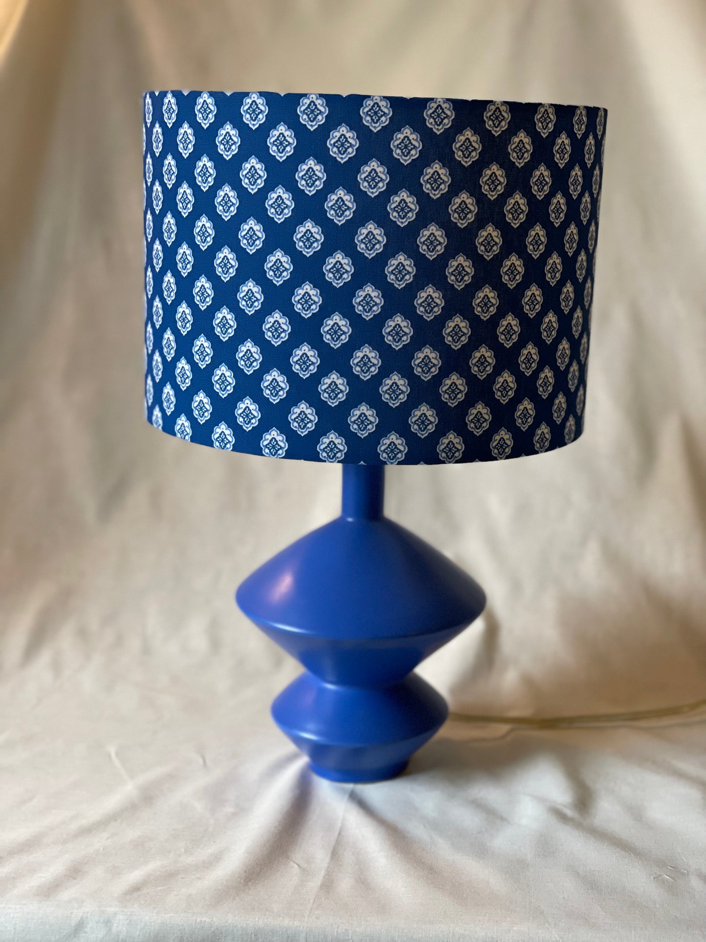 10 inch Drum Lampshade. French Jacquard. "Antibes" Blue and White.