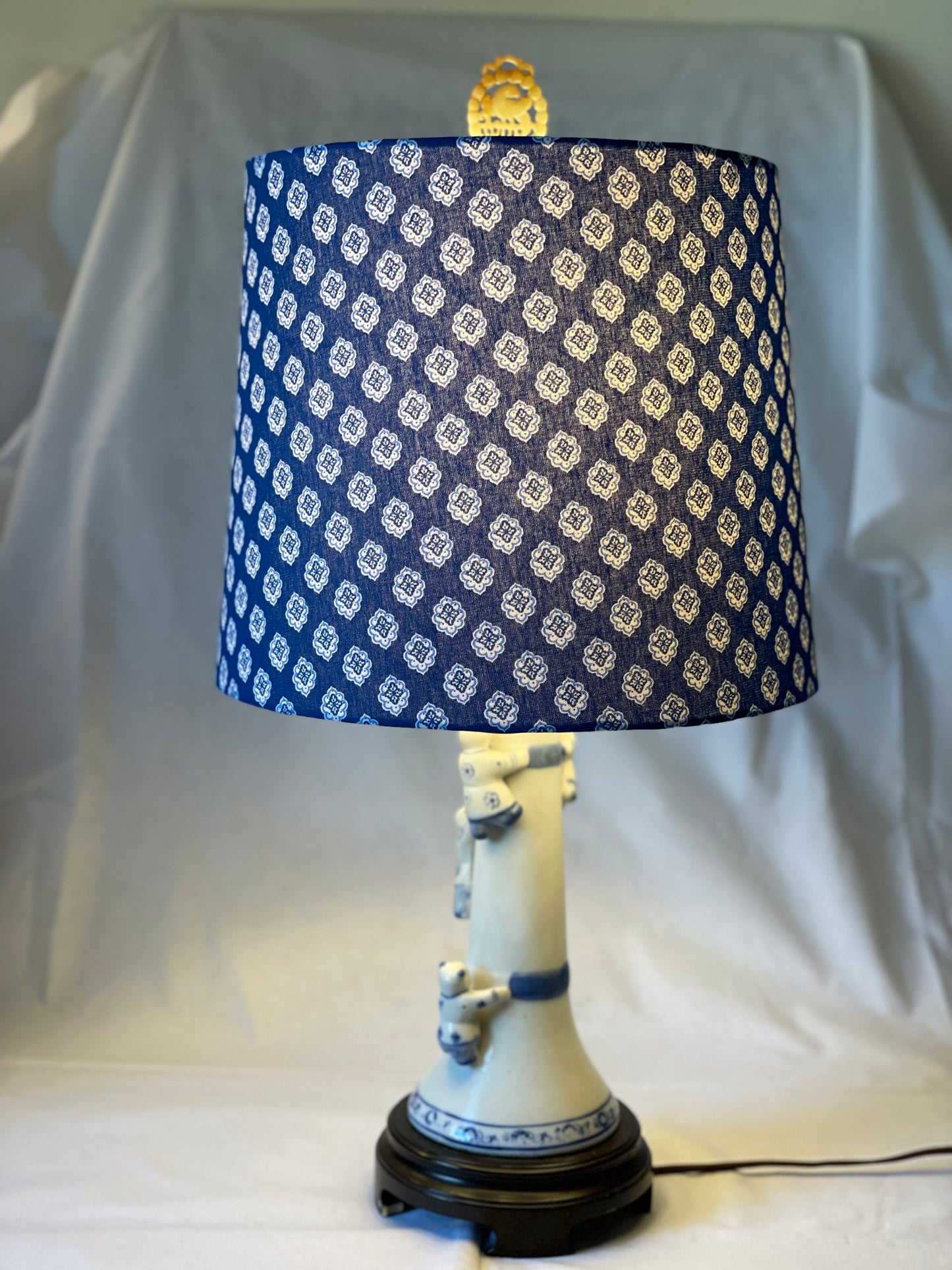 Medium Empire Shade. French Jacquard. "Antibes" Blue and White.