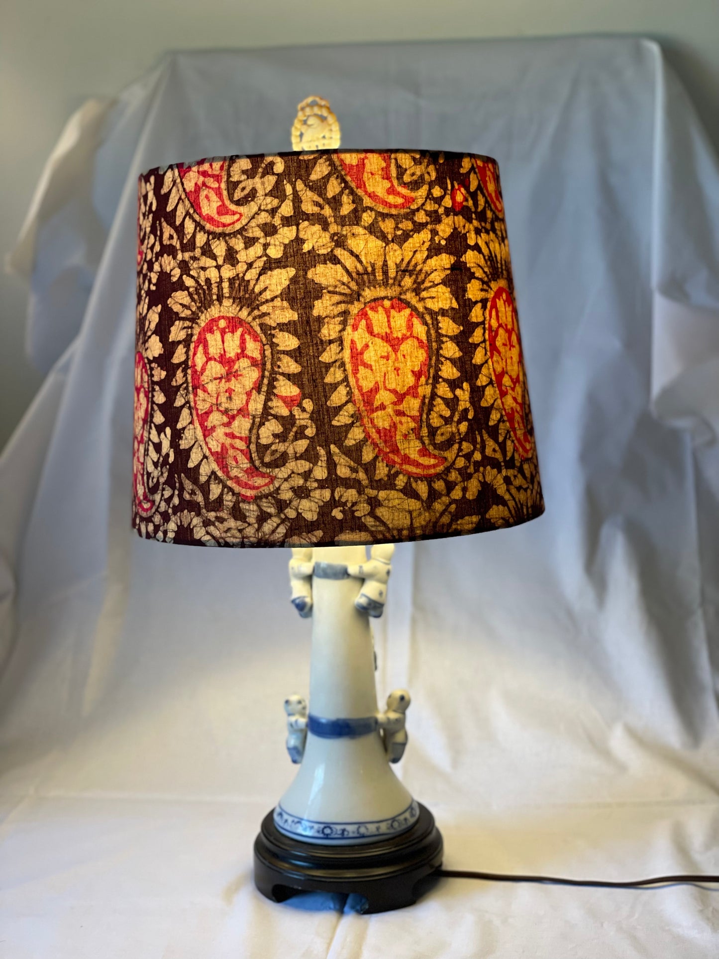 Medium Empire Shade. Kutchi Hand Batik from India. Brown and Pink Paisley.