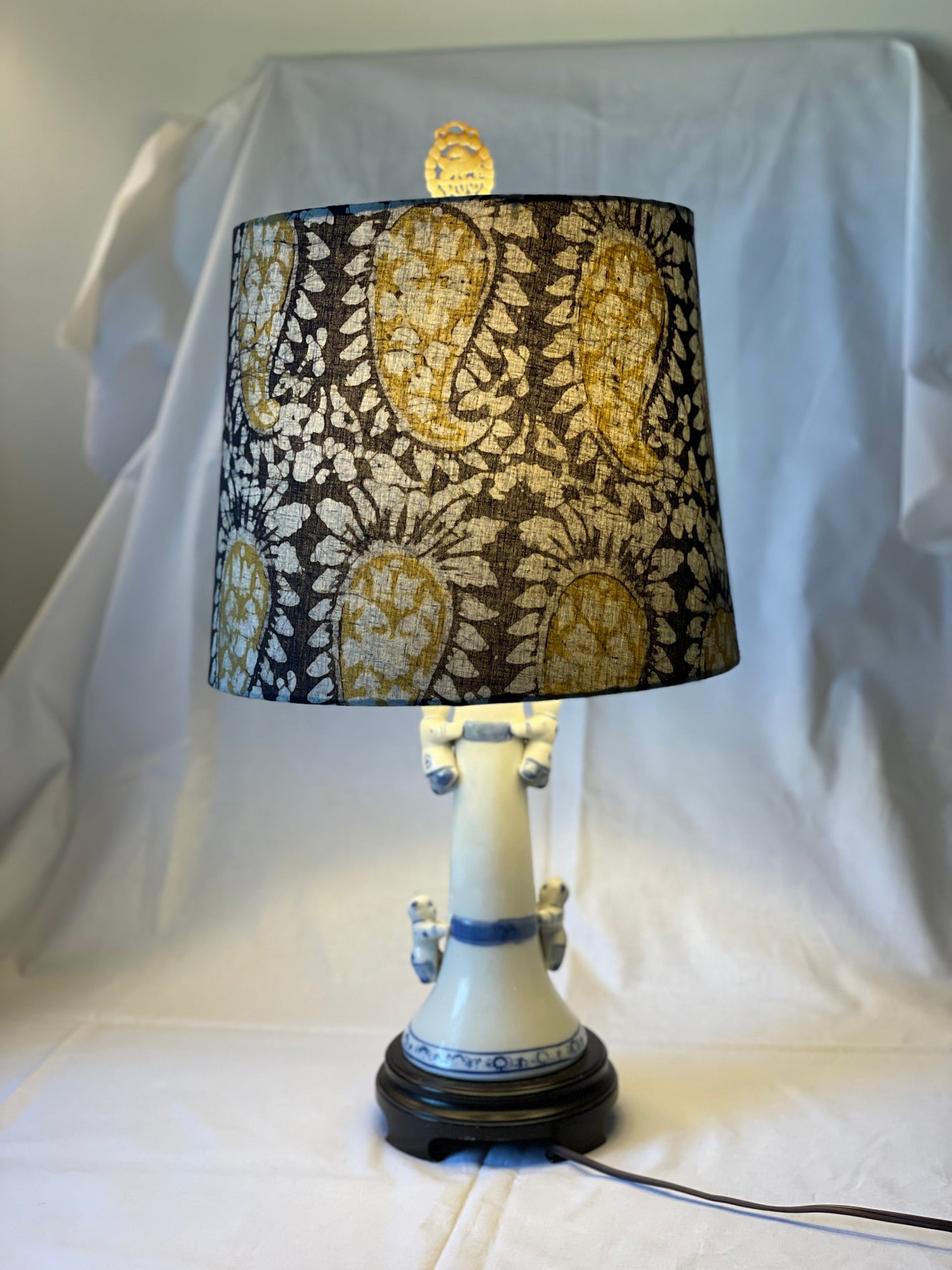Medium Empire Shade. Kutchi Hand Batik from India. Licorice, Olive, and Taupe-Grey Paisley.