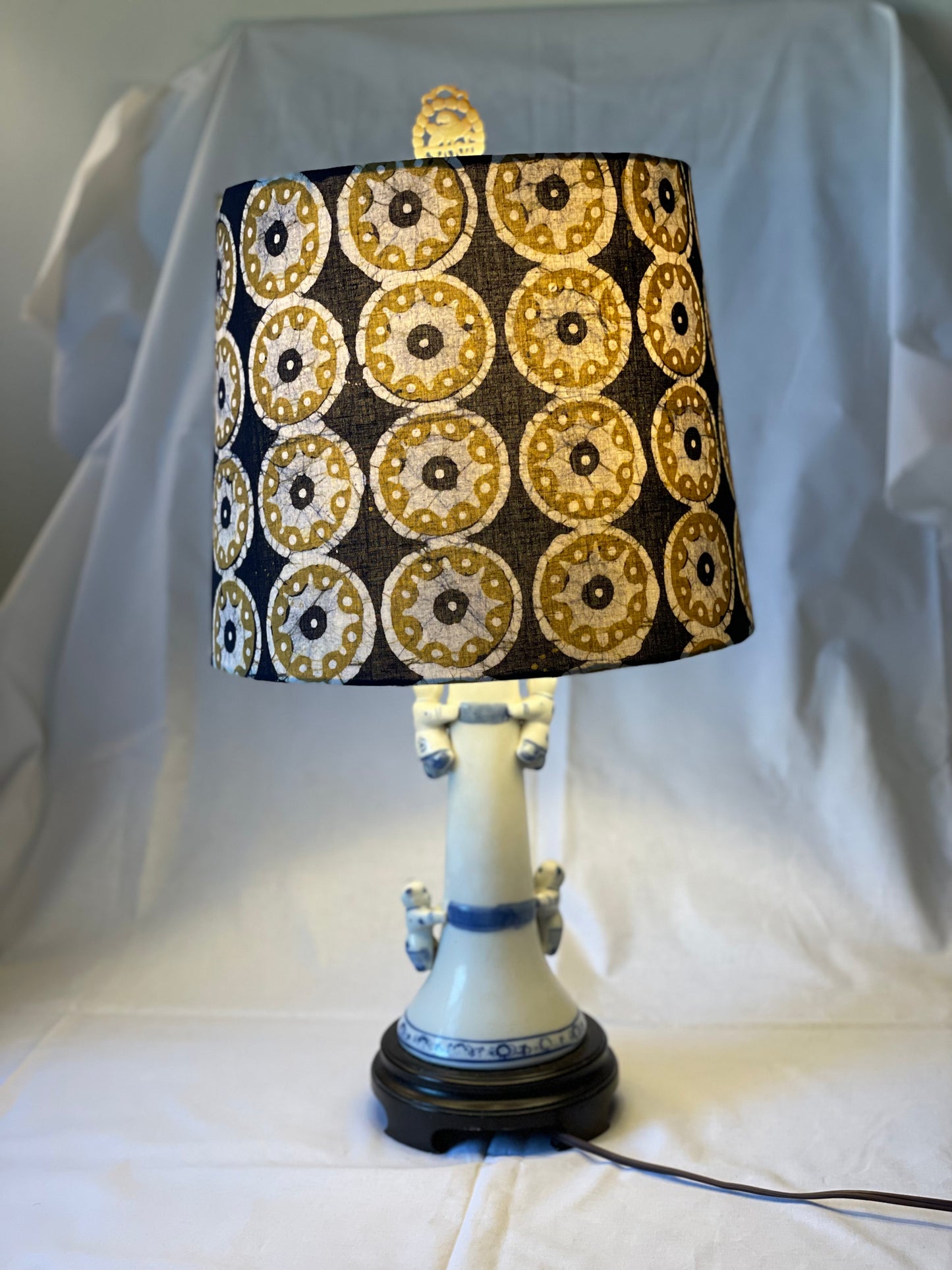 Medium Empire Shade. Kutchi Hand Batik from India. Black, Ochre, and Parchment.