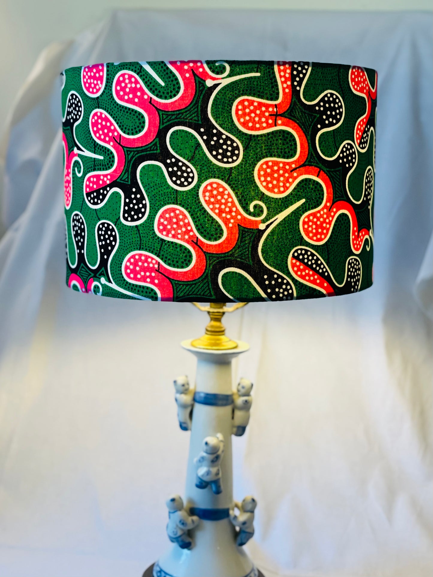 12 Inch Drum Shade. West African Ankara Fabric. Pink and Green with Black and White detail.
