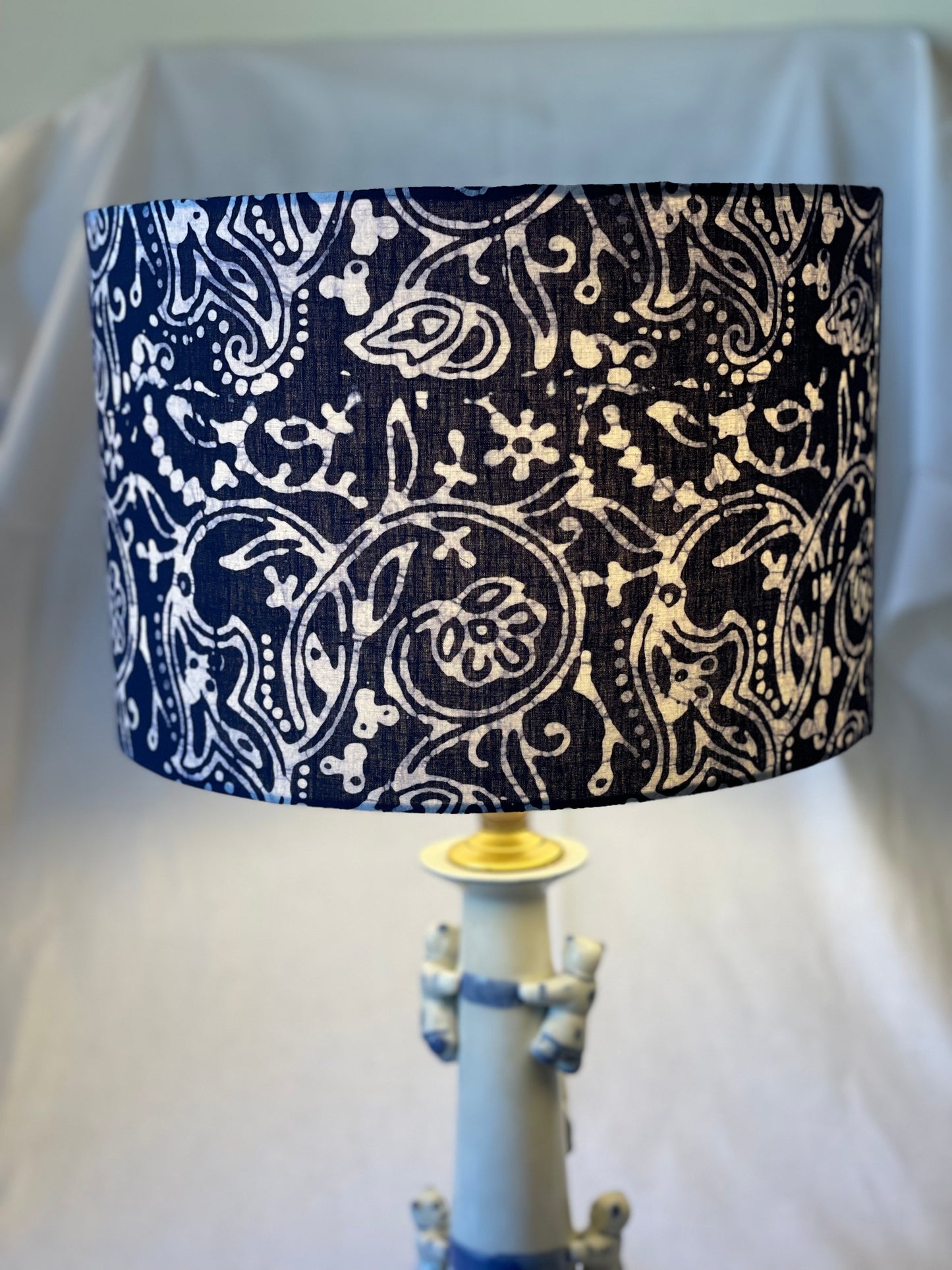 12 Inch Drum Lampshade. Kutchi Indigo Batik Floral.