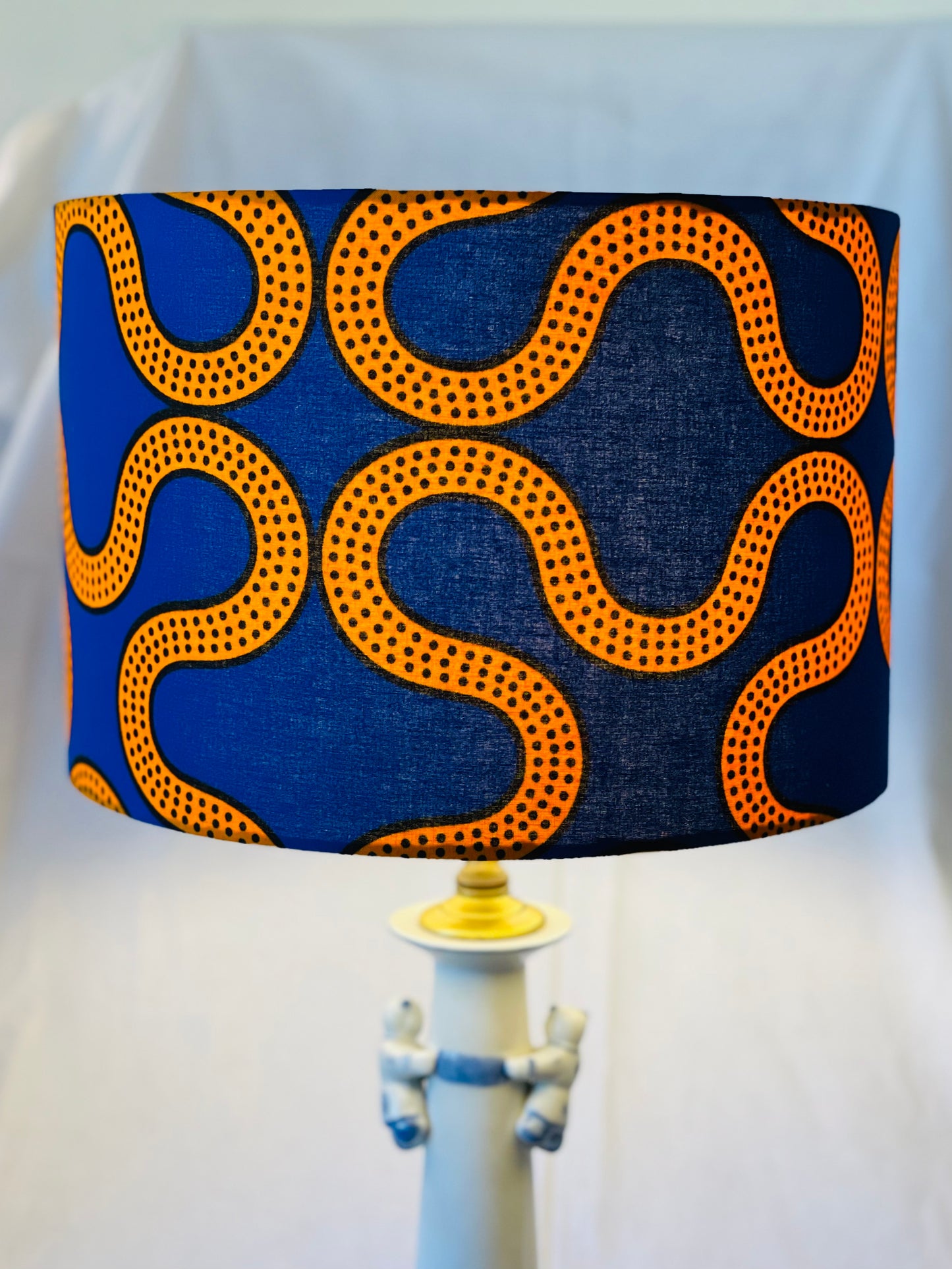 12 Inch Drum Shade. West African Ankara Fabric. Bright Blue and Orange.
