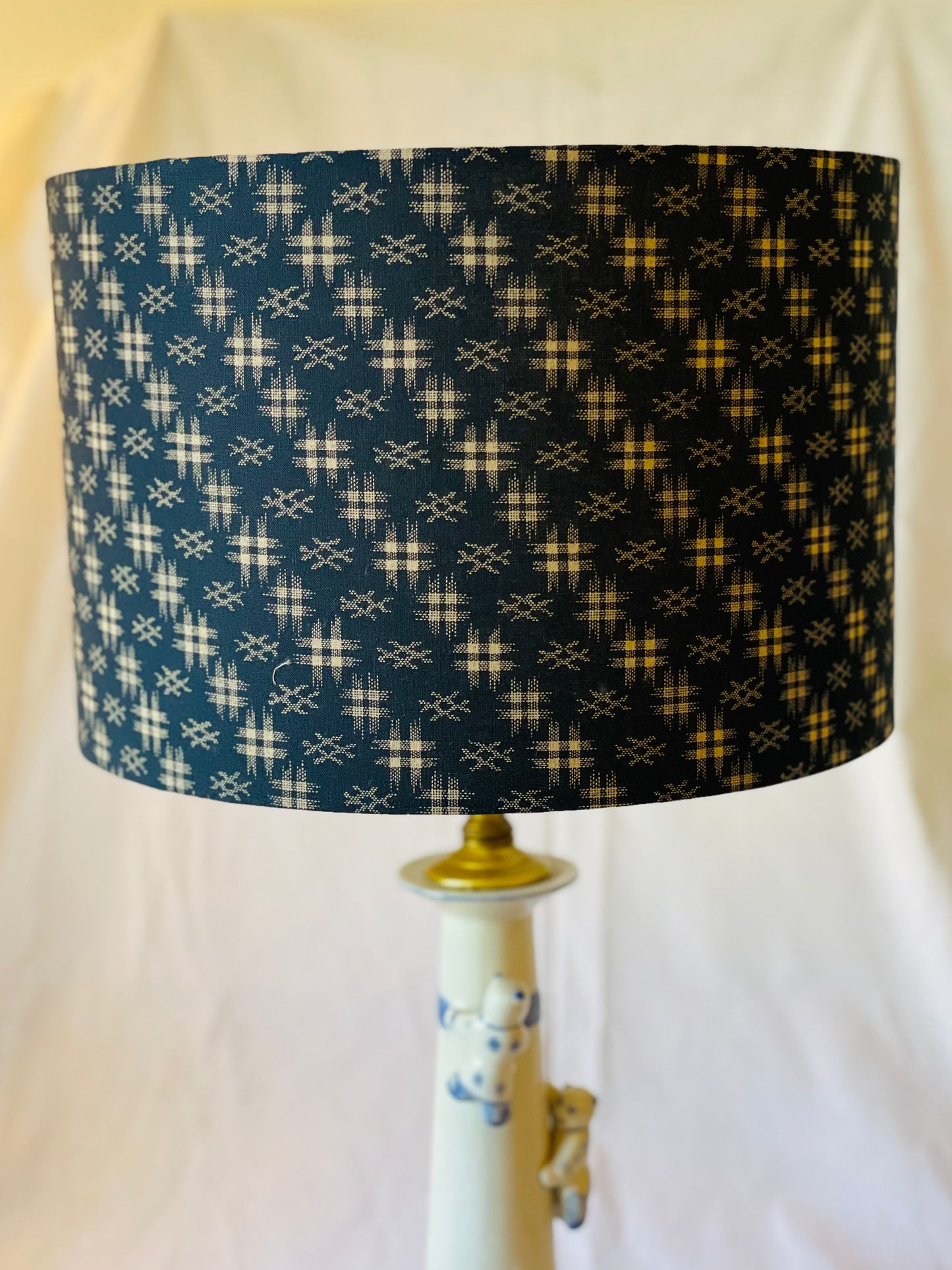 *SAMPLE SALE* 12 Inch Drum Lamp Shade. Navy Blue Japanese Hashing.