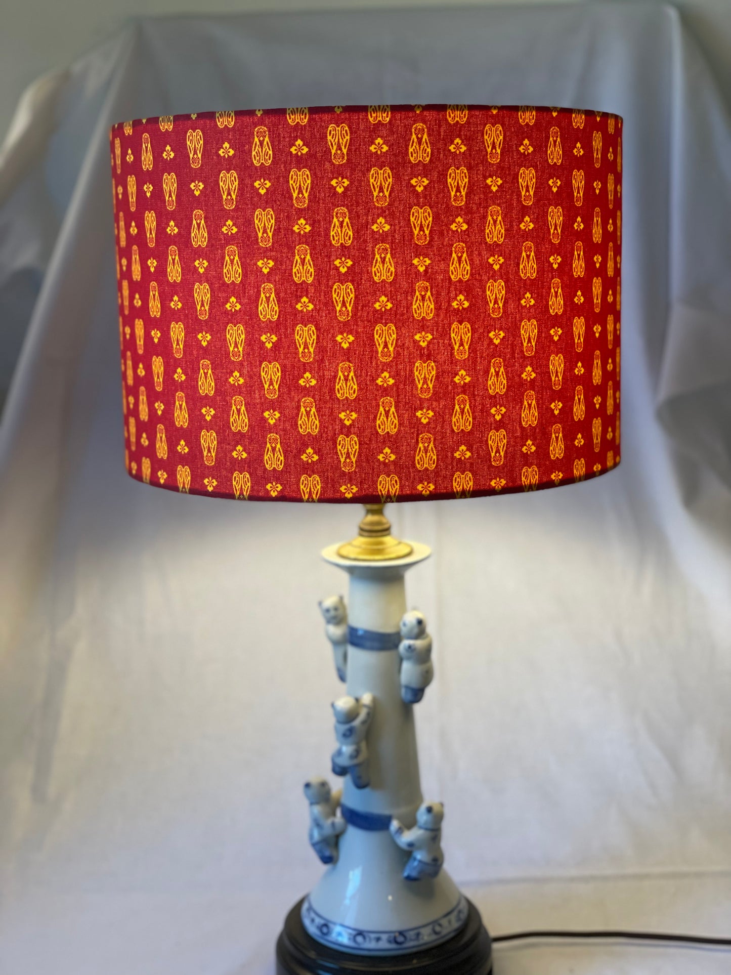 12 Inch Drum Lampshade. Darling Provençal "Cicada" print in Tomato Red and Yellow/Orange