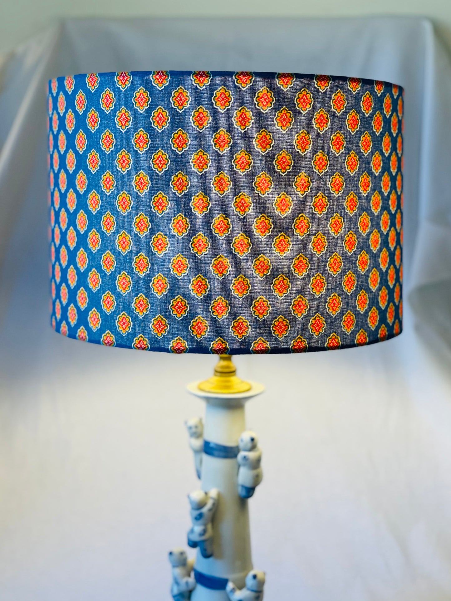 12 Inch Drum Shade. Vibrant Provençal "Antibes" print in Bright Teal and Tangerine.