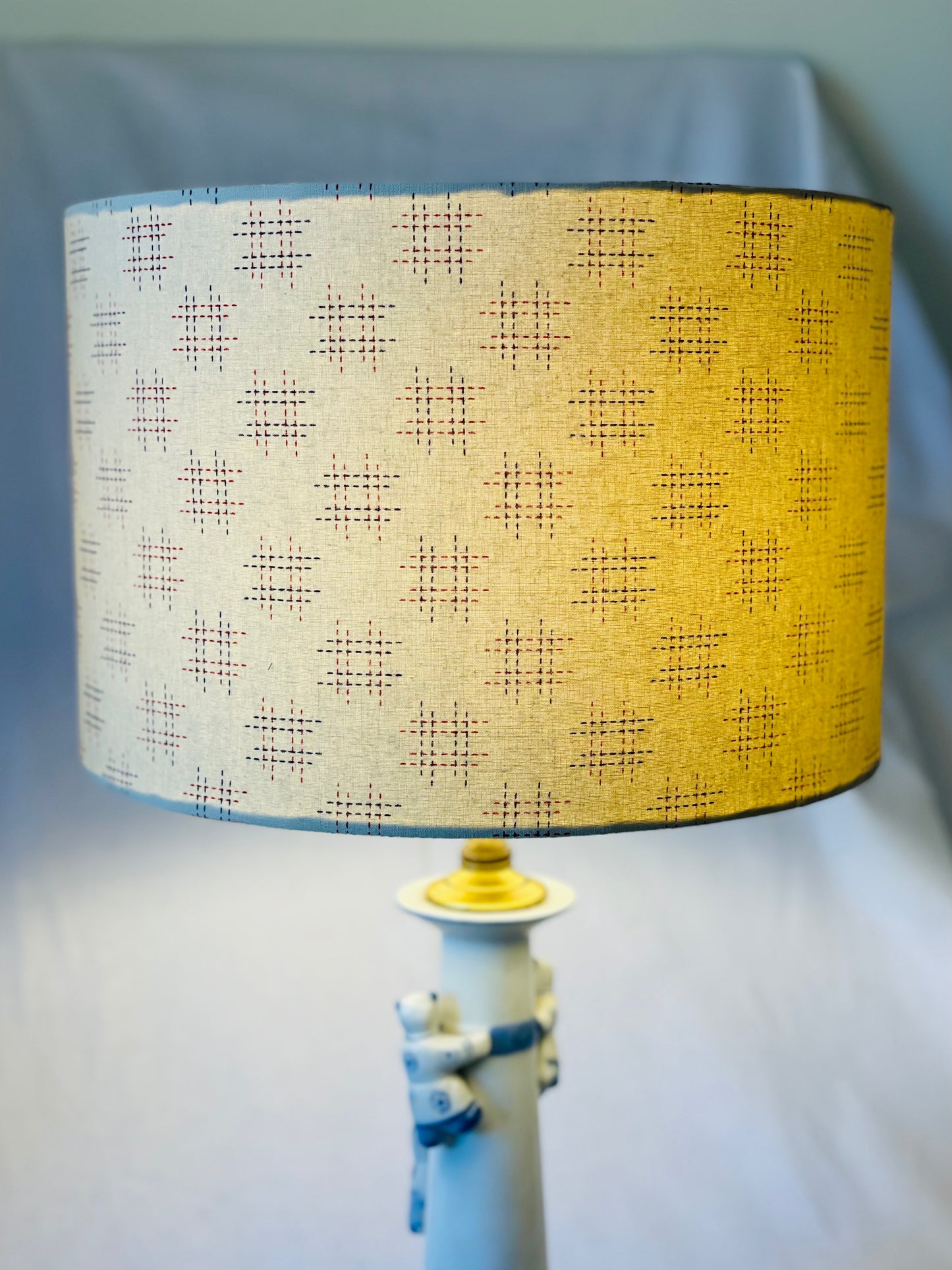 12 Inch Drum Shade. Traditional Japanese Design. Parchment with Maroon Hashtag Motif.