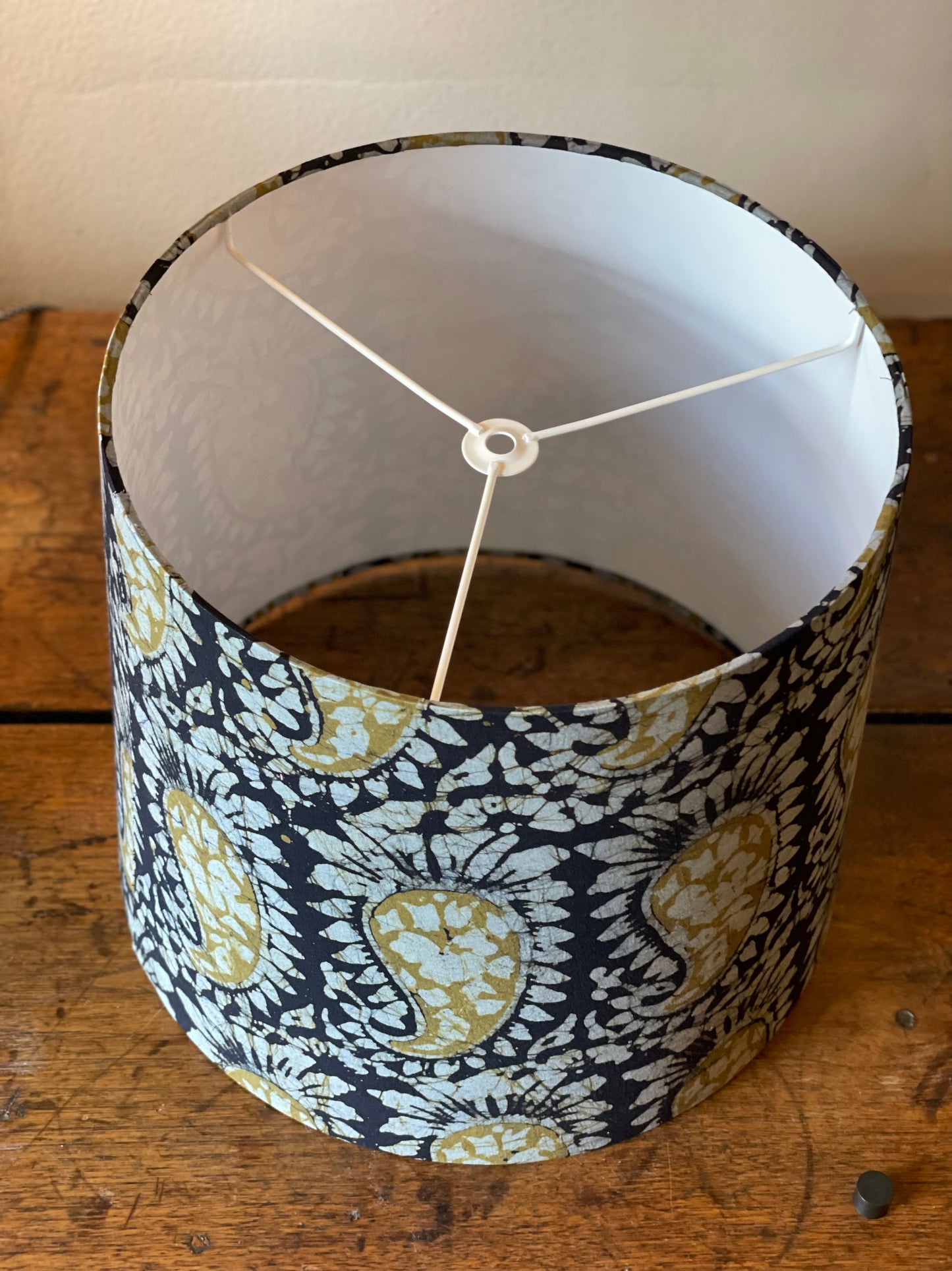 Large Empire Shade. 11.75 x 13.75 x 11.75. Kutchi Hand Batik from India. Licorice, Olive, and Taupe-Grey Paisley.