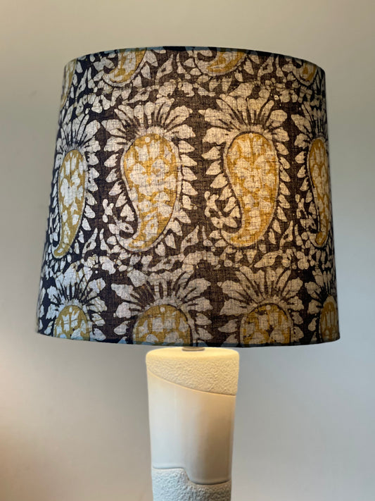 Large Empire Shade. 11.75 x 13.75 x 11.75. Kutchi Hand Batik from India. Licorice, Olive, and Taupe-Grey Paisley.