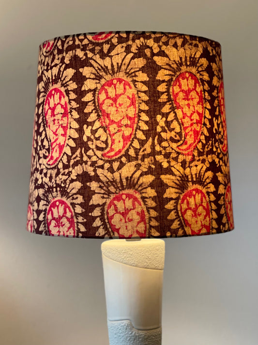 Large Empire Shade. 11.75 x 13.75 x 11.75. Kutchi Hand Batik from India. Brown and Pink Paisley.