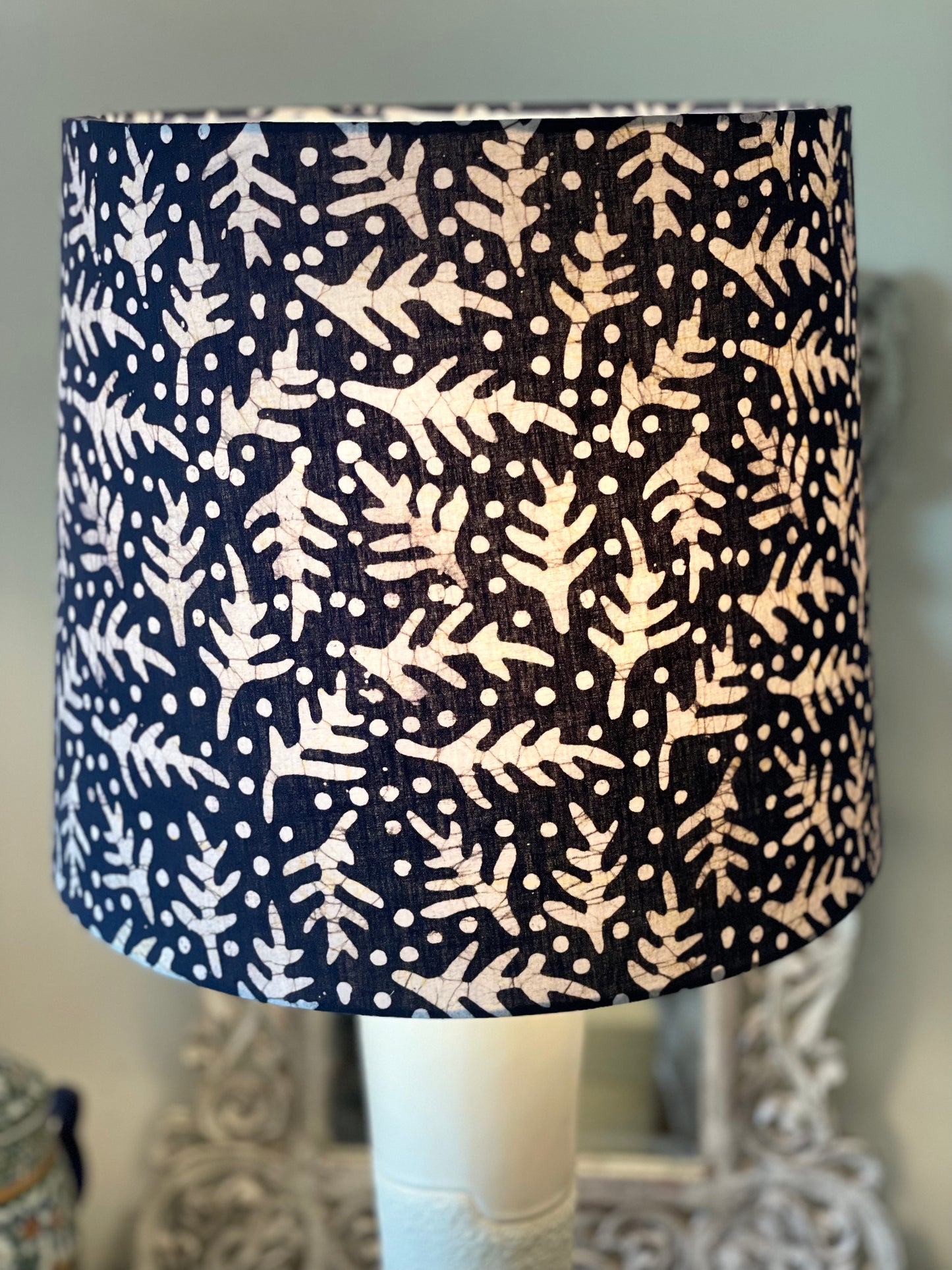 Large Empire Shade. 11.75 x 13.75 x 11.75. Kutchi Indigo Hand Batik with Leaf and Dot Motif.