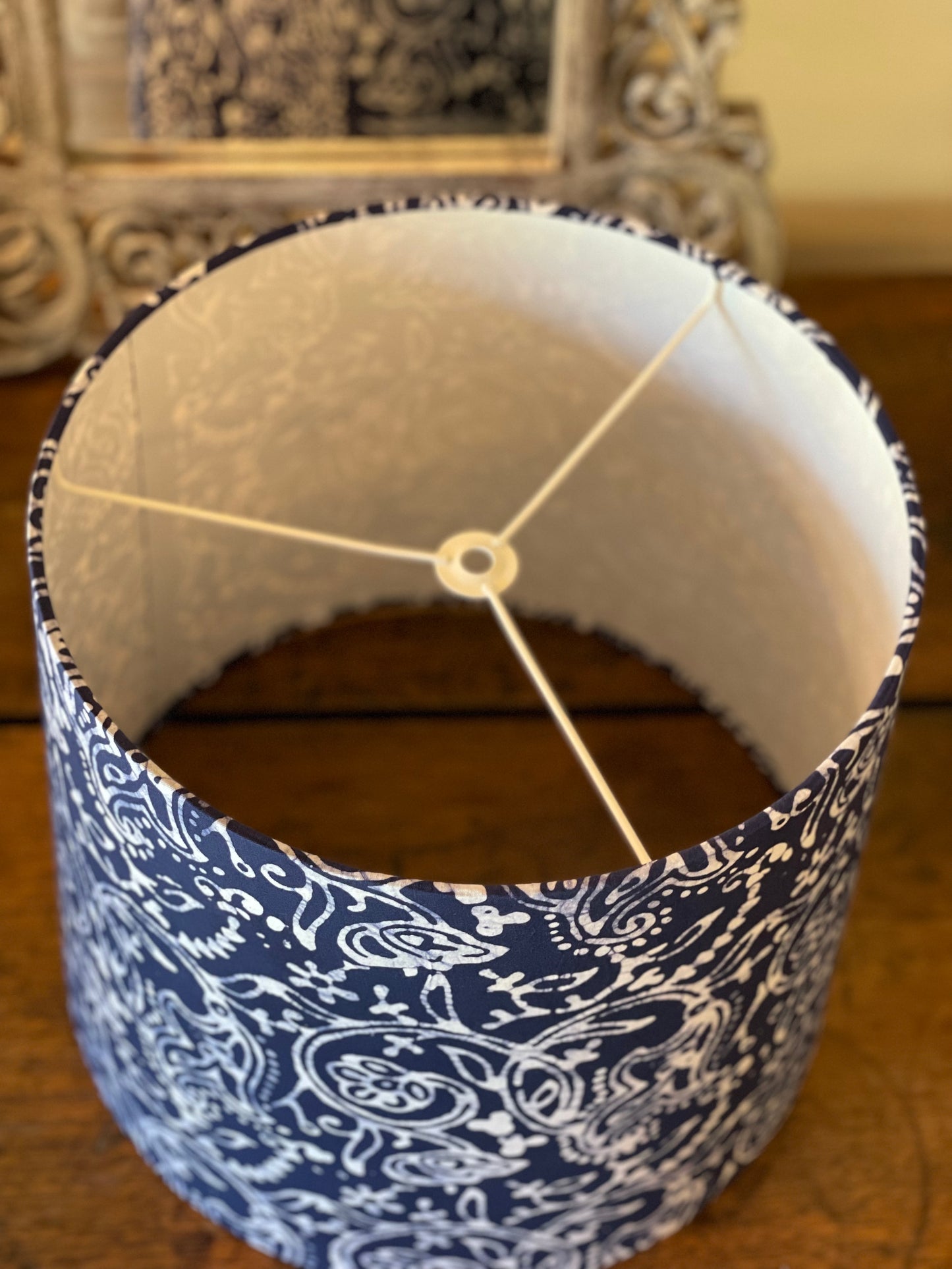 Large Empire Shade. 11.75 x 13.75 x 11.75. Kutchi Indigo Hand Batik with Scroll and Flora Motif.