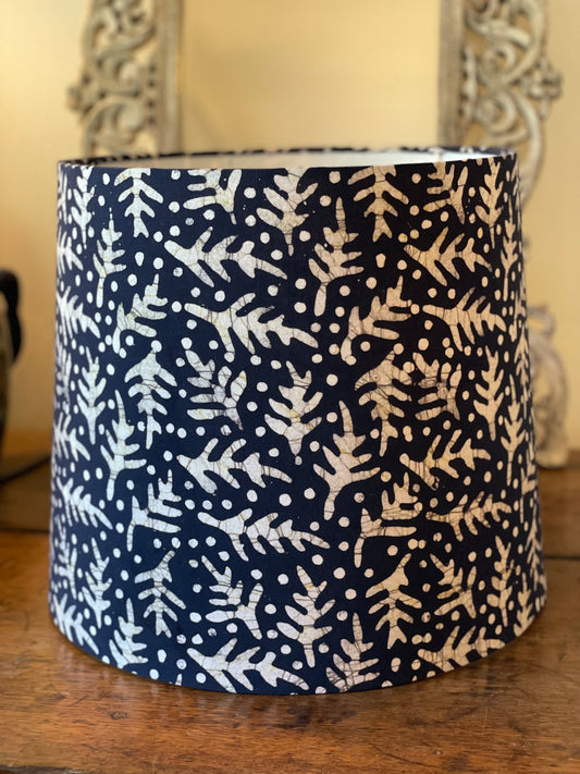 Large Empire Shade. 11.75 x 13.75 x 11.75. Kutchi Indigo Hand Batik with Leaf and Dot Motif.