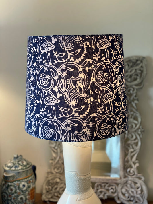Large Empire Shade. 11.75 x 13.75 x 11.75. Kutchi Indigo Hand Batik with Scroll and Flora Motif.