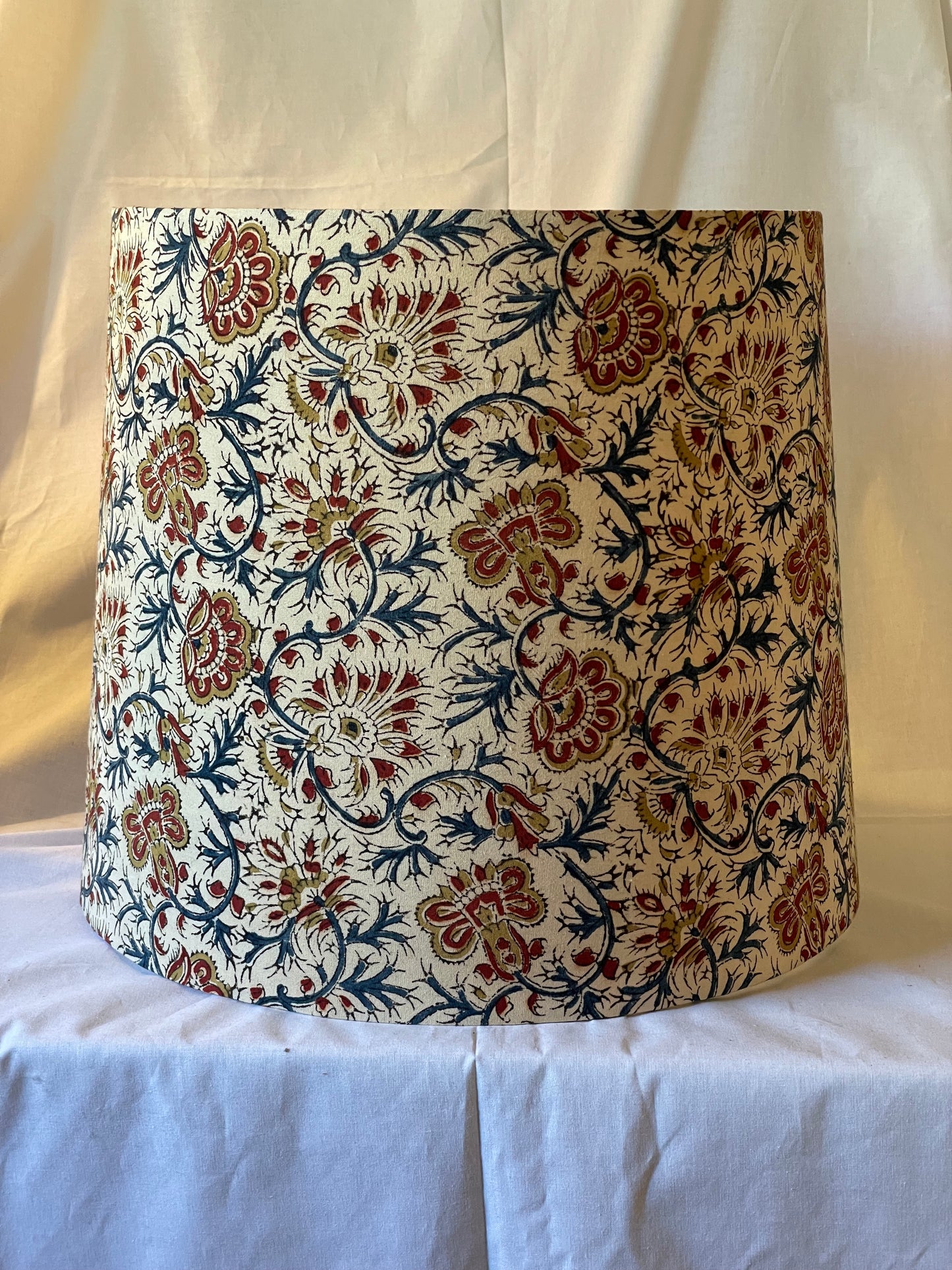 Large Empire Shade. 11.75 x 13.75 x 11.75. Parchment, Deep Red, Mustard and Navy Kalamkari Block Print.