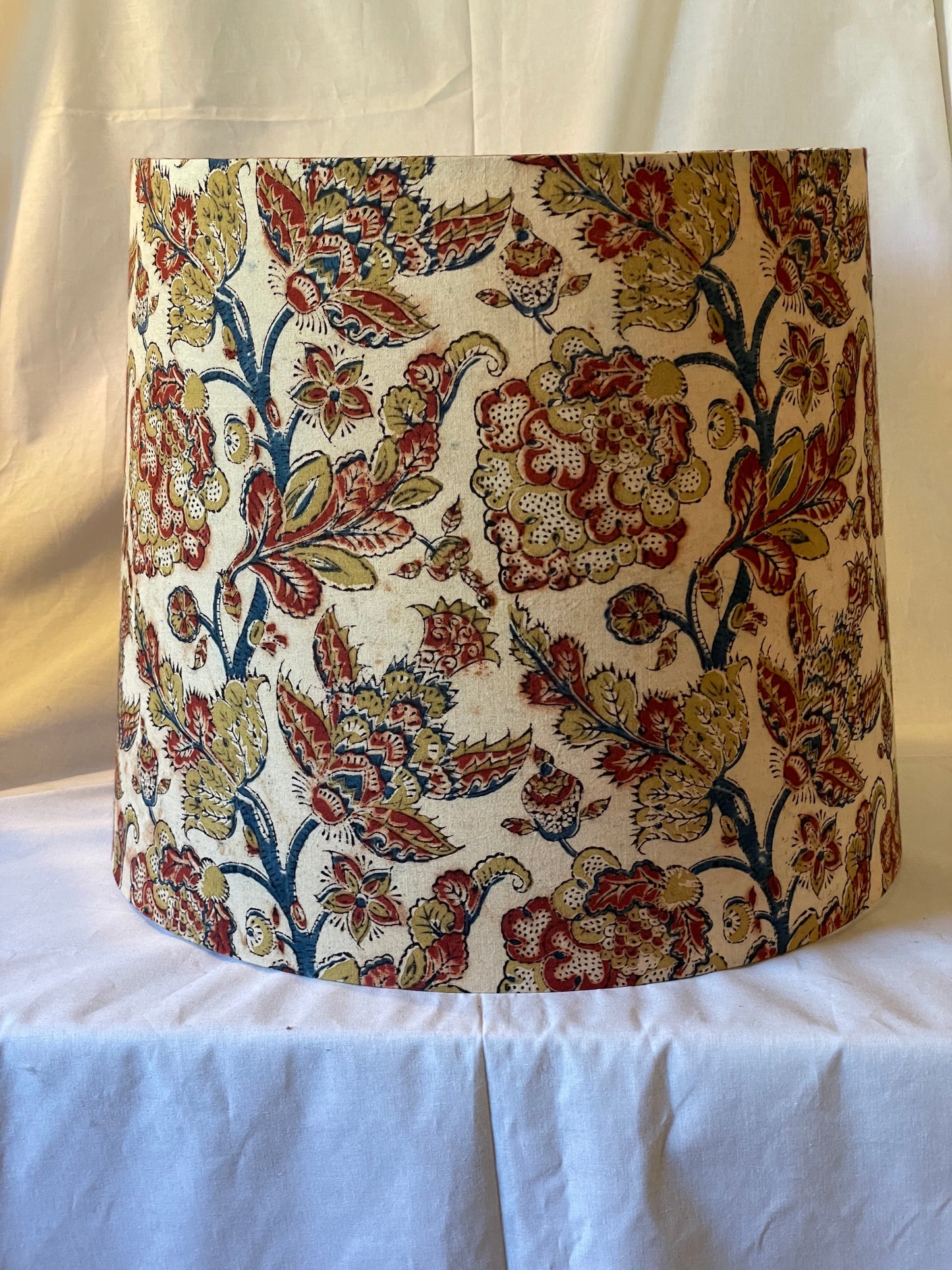 Large Empire Shade. 11.75 x 13.75 x 11.75. Parchment, Maroon, Ochre, and Navy Kalamkari Block Print.
