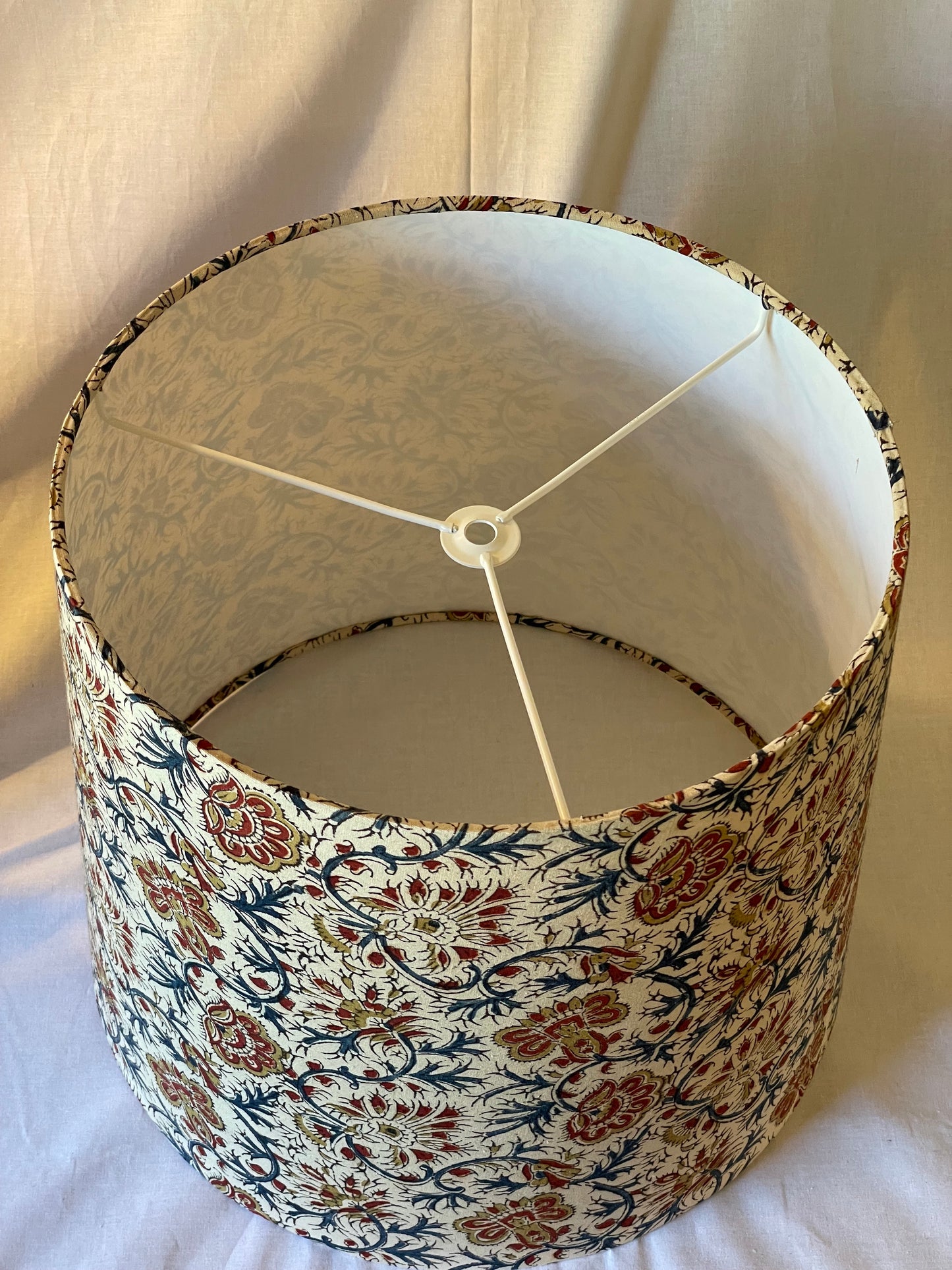 Large Empire Shade. 11.75 x 13.75 x 11.75. Parchment, Deep Red, Mustard and Navy Kalamkari Block Print.