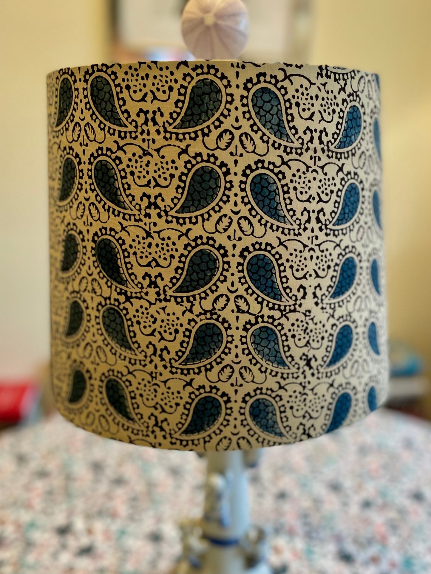 Medium Empire Shade. Indian Block Print. Blue and Ecru Paisley.