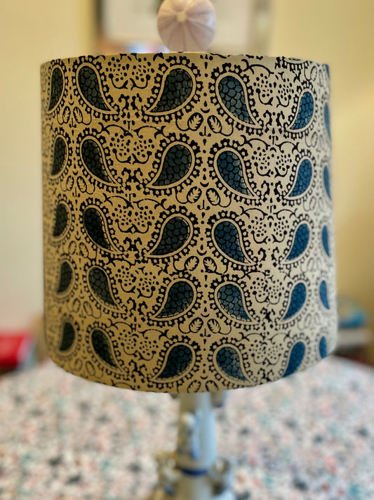 Medium Empire Shade. Indian Block Print. Blue and Ecru Paisley.