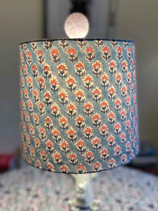Medium Empire Shade. Indian Hand Block Print. French Blue with Coral Pink Buti Motif.