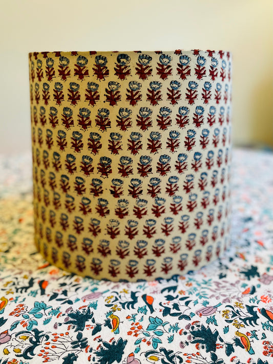 Medium Empire Shade. Sanganeri Hand Block print from India. Slate Blue and Deep Scarlet Floral on Ivory.