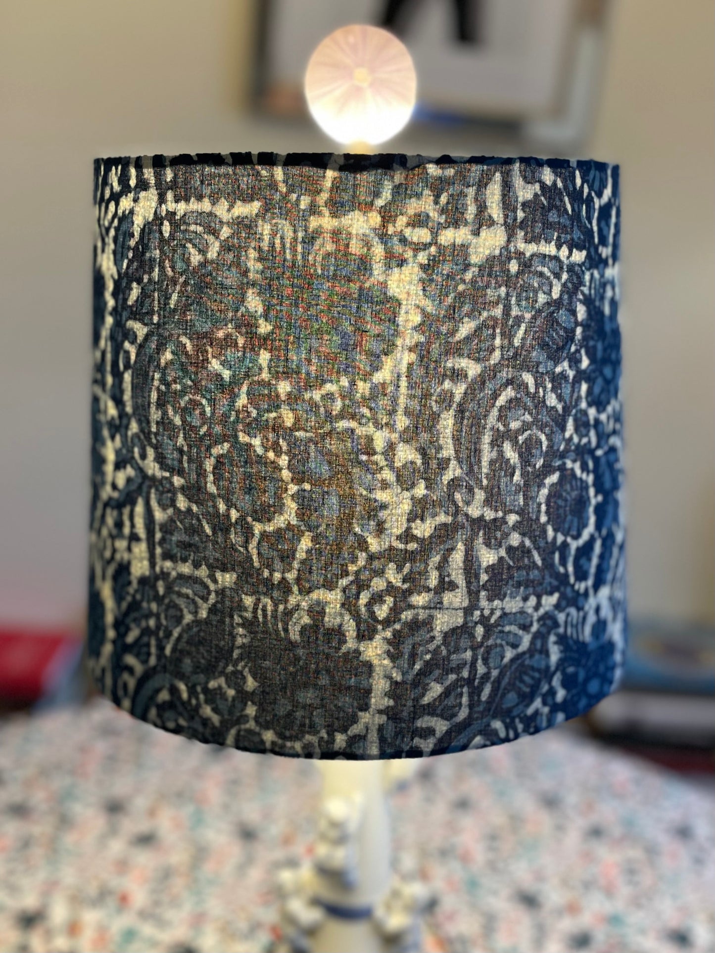 Medium Empire Shade. Indigo Bagru Dabu Indian Hand Block Print. Peacock Motif.