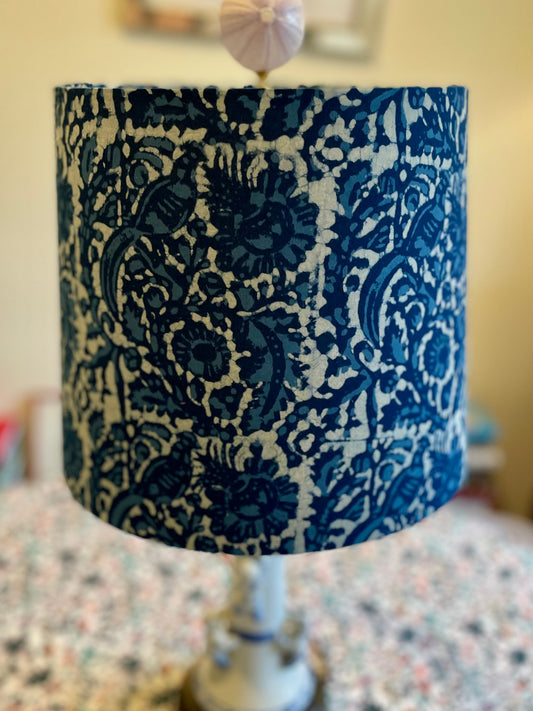 Medium Empire Shade. Indigo Bagru Dabu Indian Hand Block Print. Peacock Motif.
