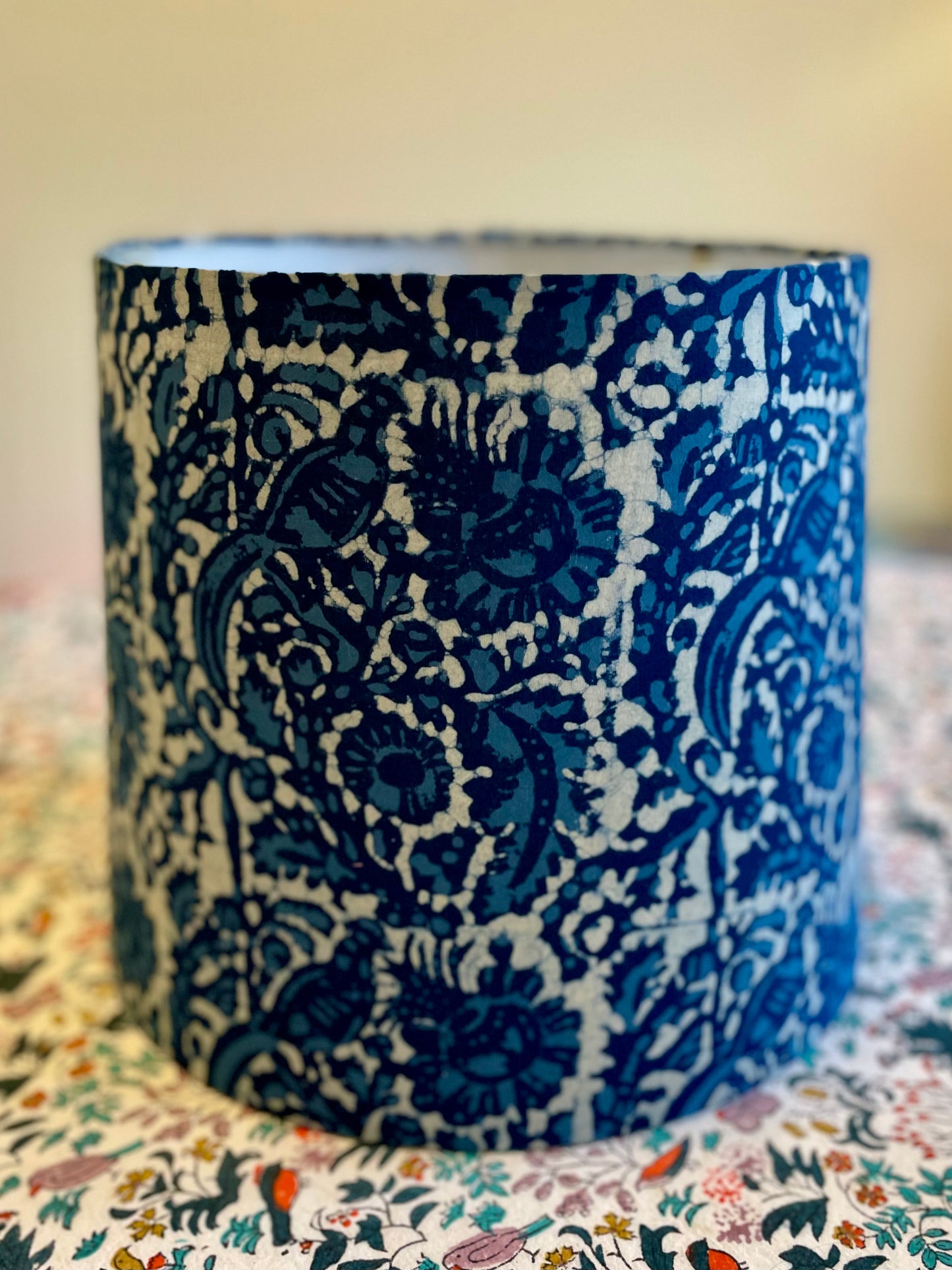 Medium Empire Shade. Indigo Bagru Dabu Indian Hand Block Print. Peacock Motif.