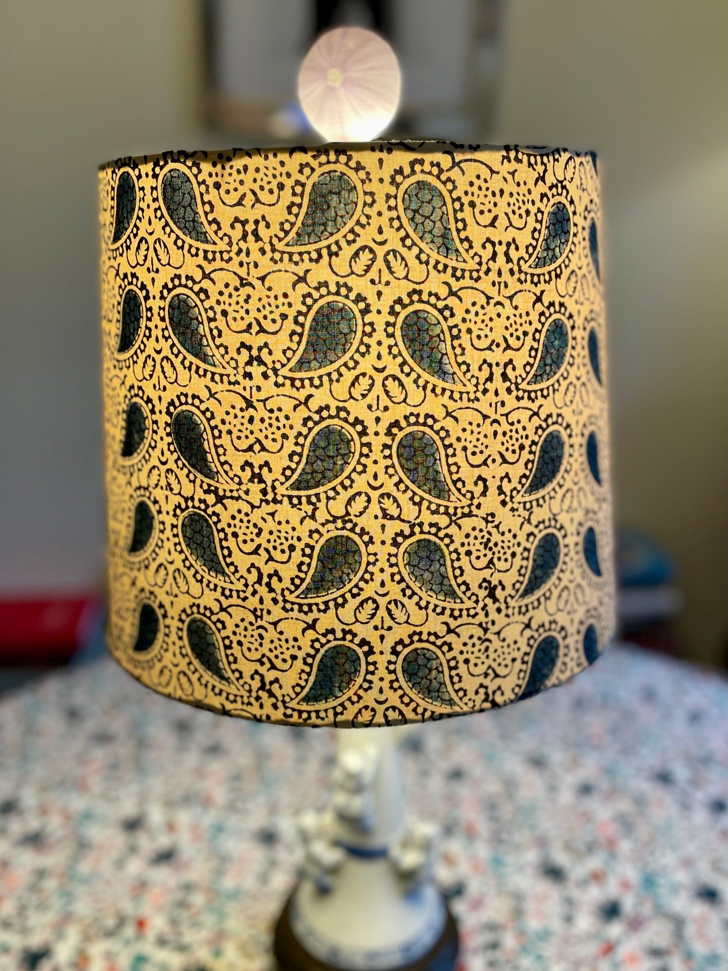 Medium Empire Shade. Indian Block Print. Blue and Ecru Paisley.
