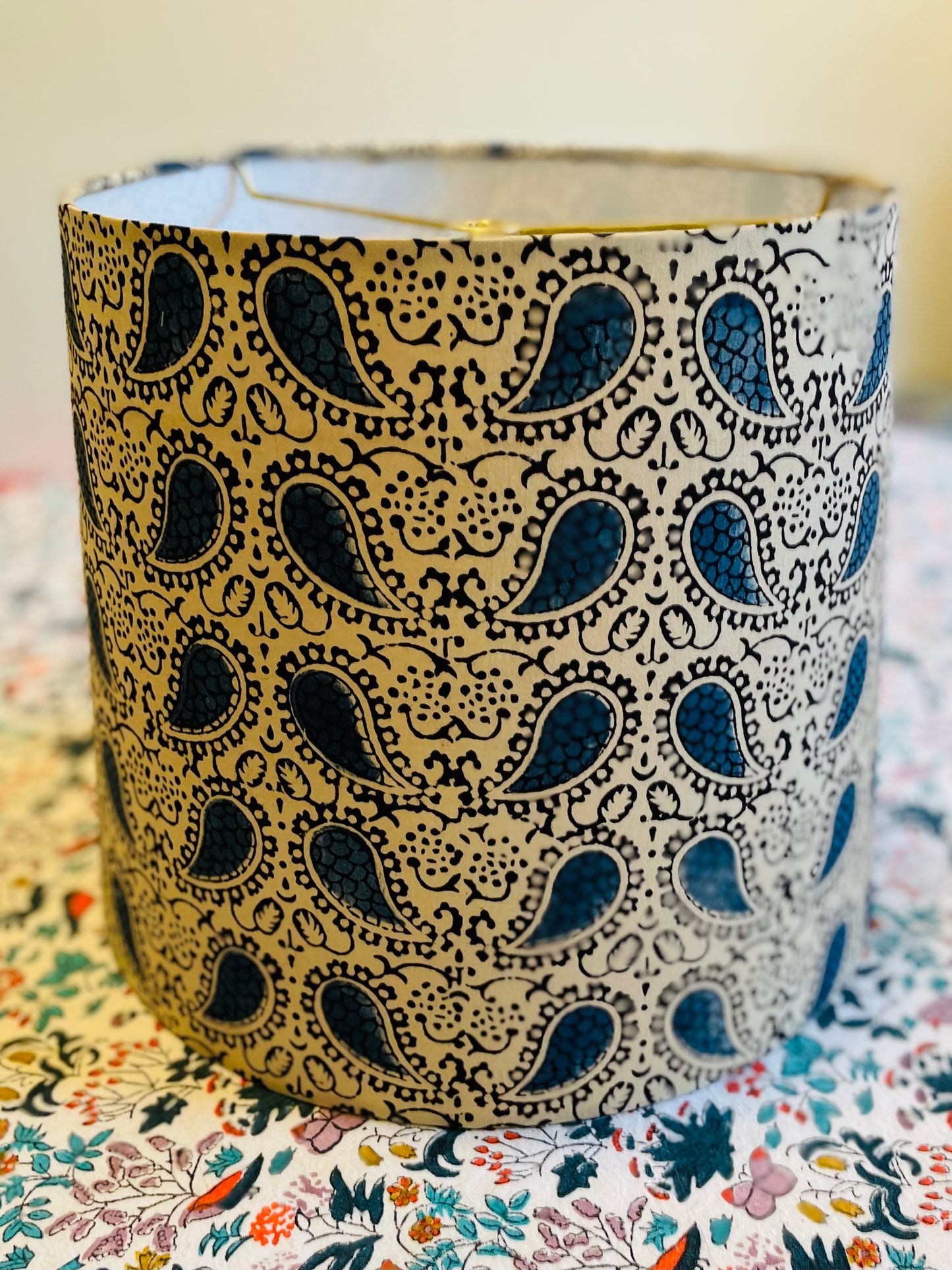 Medium Empire Shade. Indian Block Print. Blue and Ecru Paisley.